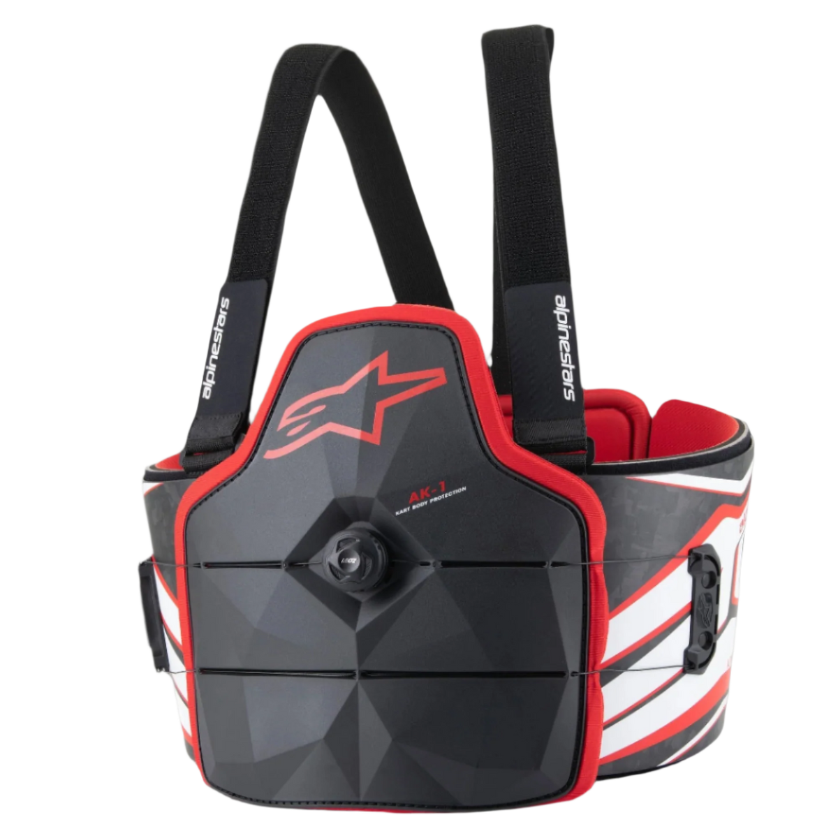 Alpinestars AK-1 Kart Body Protector, Karting Torso Guard, Black White and Red, featuring a speed-lace dial closure, carbon fiber texture rib panels, and red Astars logo, professional FIA-homologated safety gear