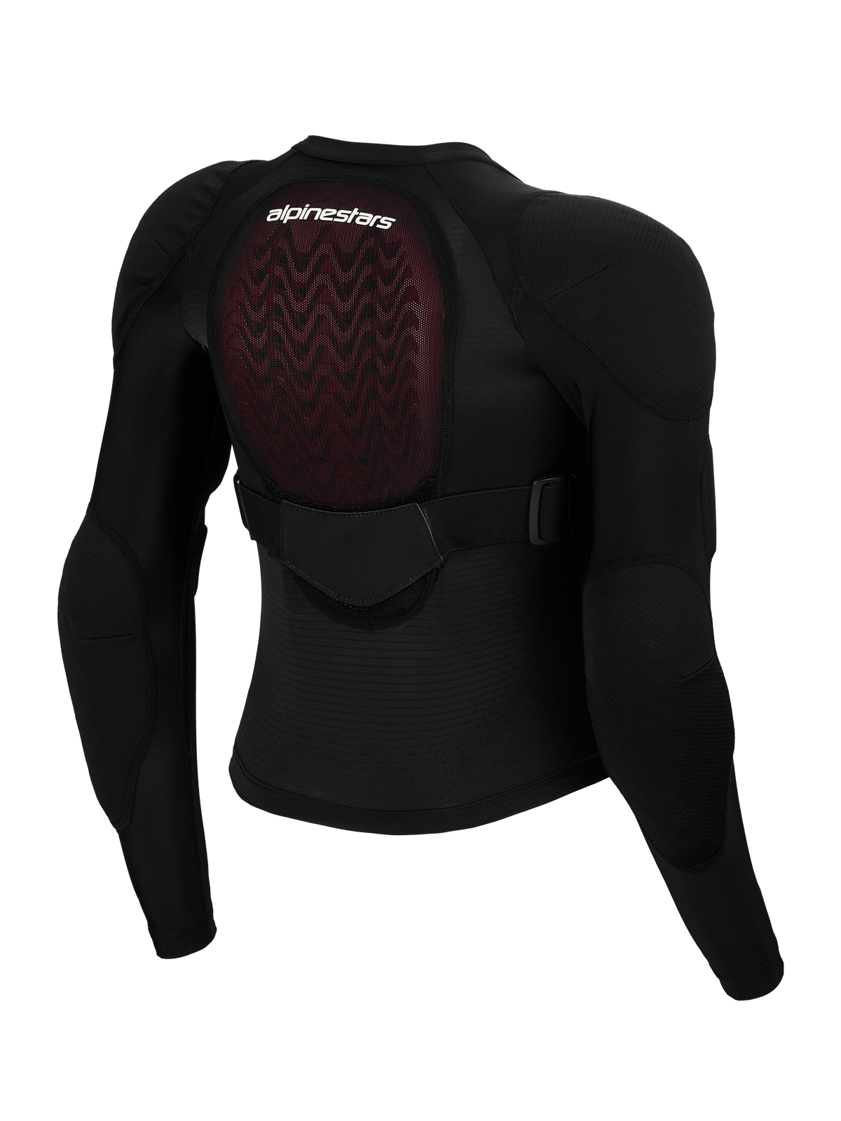 Alpinestars Bionic Plasma LT Jugend-Schutzjacke, Rückansicht, schwarzes Mesh mit rotem Nucleon PLASMA Rückenprotektor, integrierte Schulter- und Ellbogenprotektoren, verstellbarer Gurt am mittleren Rücken, Schutzausrüstung für Jugend-Motocross
