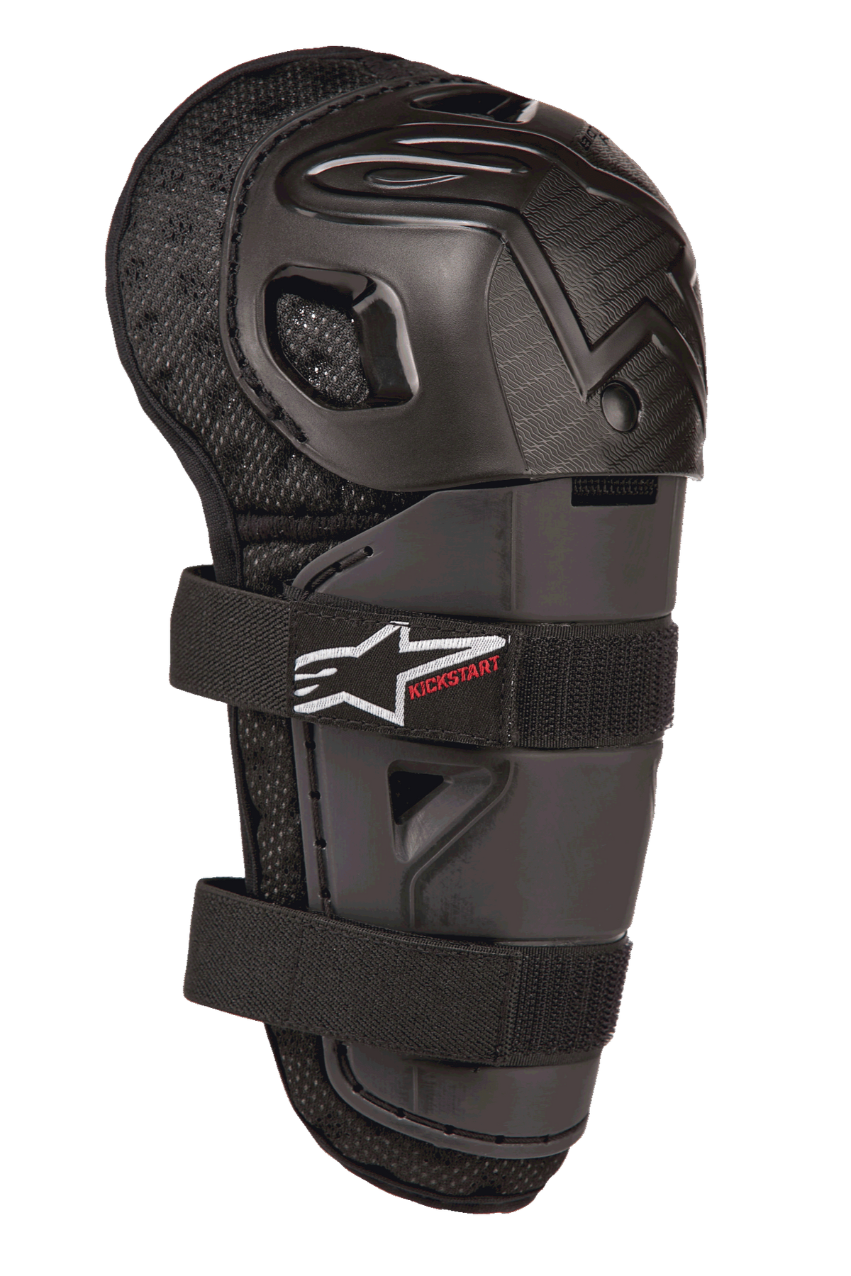 Alpinestars Bionic Action Kickstart Knieschützer, Jugend-Motocross-Knie- und Schienbeinschützer, Schwarz, mit artikulierter Kunststoffschale, doppeltem elastischem Riemenverschluss mit weißem Logo und rotem Kickstart-Branding, gepolsterte Mesh-Rückseite für Offroad-Schutz