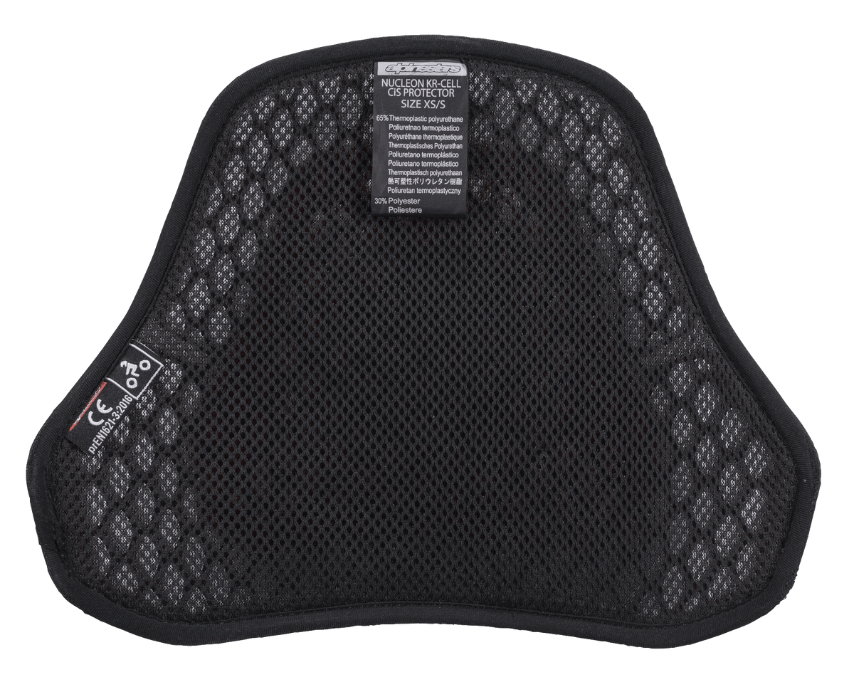 Alpinestars Nucleon KR Cell CiR Protectors, Motorcycle Chest Protector, Black airmesh interior with honeycomb microstructure, featuring CE certification label and soft lining for breathability and comfort