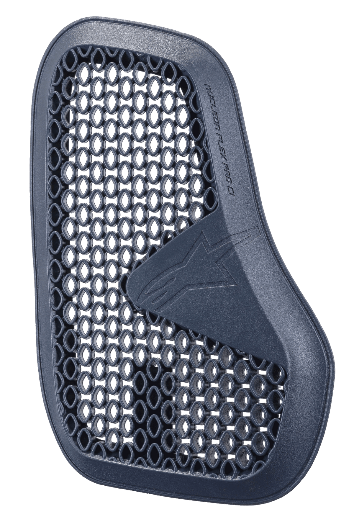 Alpinestars Nucleon Flex Pro Ci Protektor, anthrazitgrauer Motorrad-Brustprotektor, linkes Teil eines geteilten Sets, Wabennetz-Mikrostruktur für Belüftung und Energieabsorption, geprägtes Alpinestars-Logo und Schriftzug, leichtes ergonomisches Design