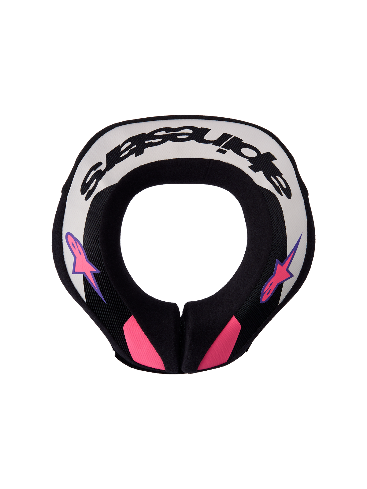 Alpinestars Sequence Jugend-Nackenprotektor, Motocross-Nackenprotektor in Schwarz, Hellgrau und Lila, Draufsicht mit pinken Akzenten für junge Fahrer.
