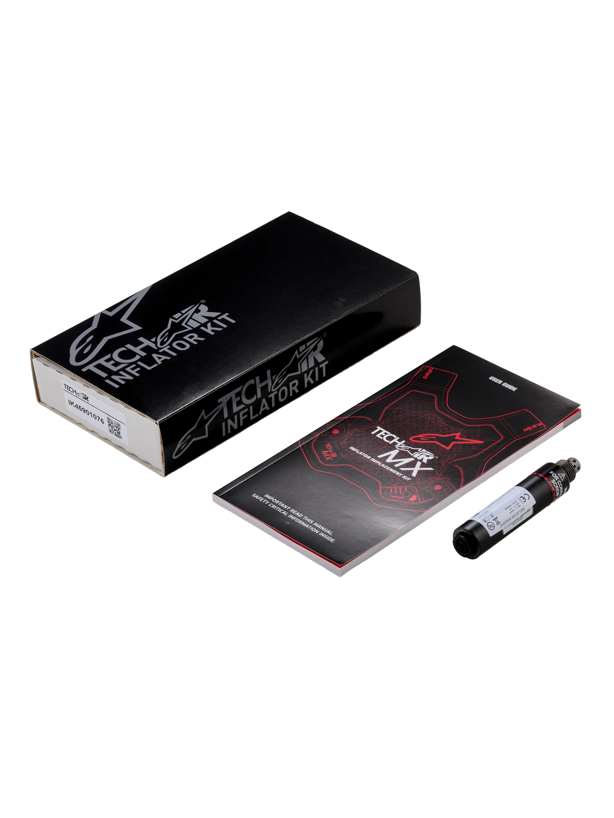 Alpinestars Tech-Air® MX Airbag-System Ersatzkartuschen-Kit, mit einer schwarzen zylindrischen Argon-Aufblaskartusche, einer Bedienungsanleitung mit rot-weißen Grafiken und einem schwarzen Verkaufskarton mit weißem Branding, unverzichtbare Ausrüstung für die Sicherheitswartung von Motorrad-Airbags.