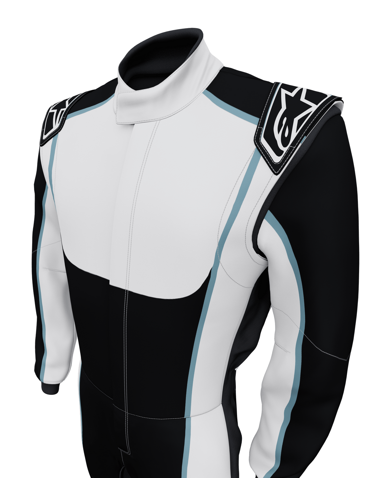 Alpinestars Tech Vision V3 Custom Auto Racing Suit, black and white with light blue trim, FIA certified gear.