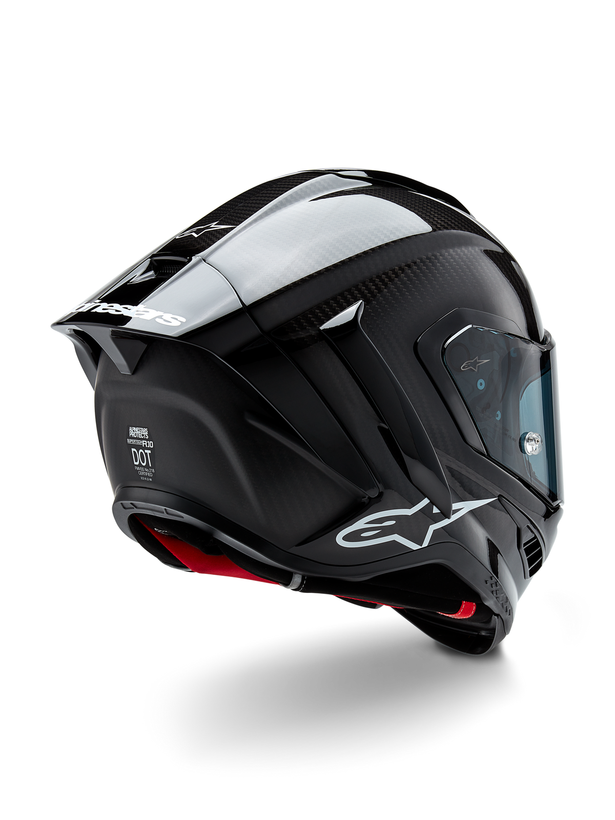 Alpinestars Supertech R10 Solid Helm, Motorrad-Rennhelm, mattes und glänzendes Schwarz-Carbon-Finish, Dreiviertel-Rückansicht mit Kohlefaserschale, aerodynamischem Spoiler und Alpinestars-Branding.