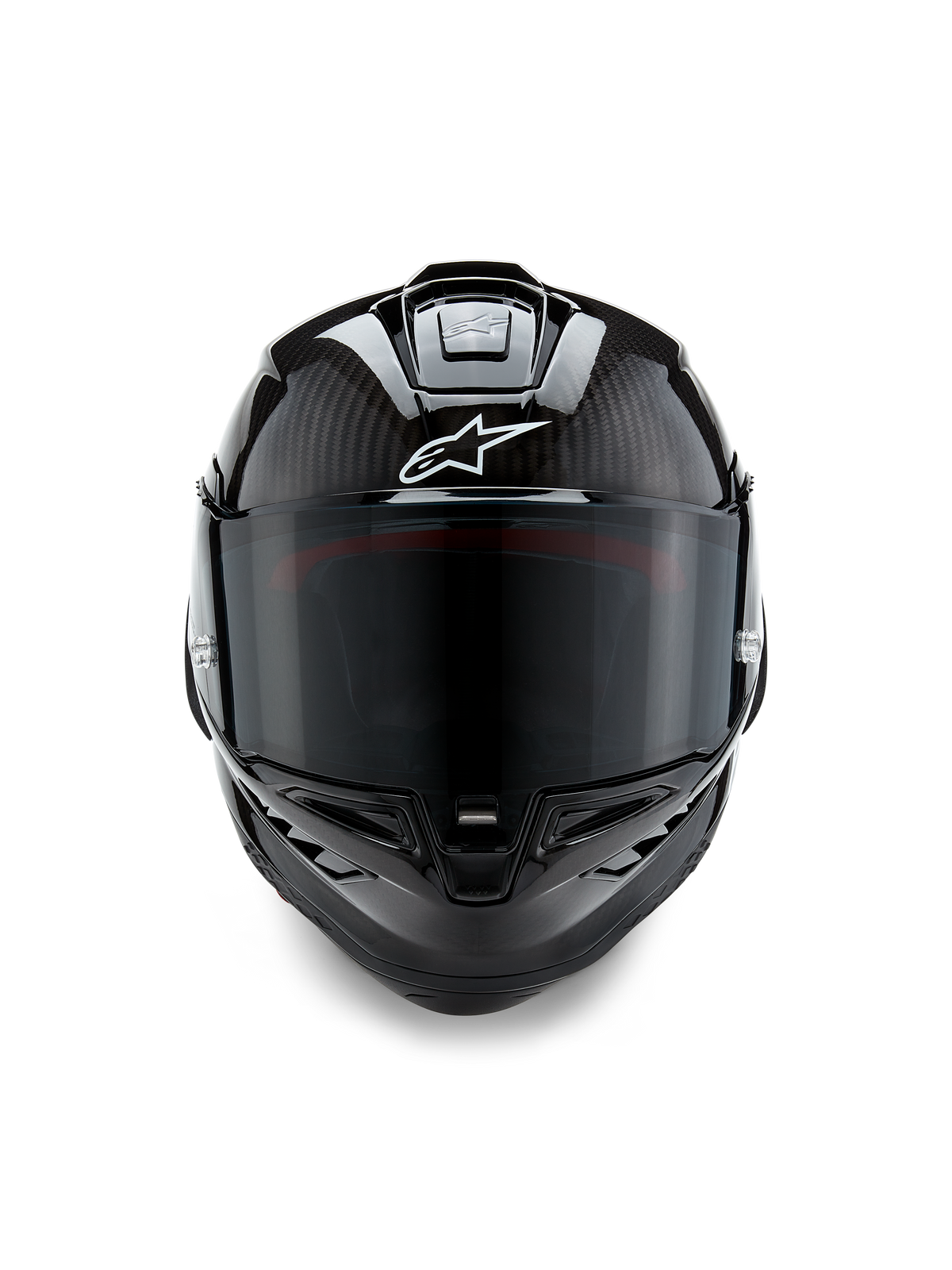 Alpinestars Supertech R10 Solid Helm, Frontansicht, Schwarz Carbon in mattem und glänzendem Finish, sichtbare Carbonfaser-Struktur, weißes Alpinestars-Logo, dunkel getöntes Visier, aerodynamischer Rennsport-Motorradhelm