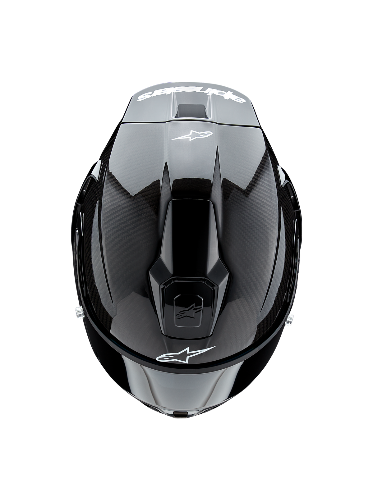 Alpinestars Supertech R10 Solid Helm, Draufsicht, Carbon Schwarz Matt und Glänzend, zeigt Carbonfaser-Struktur an den Seiten, glänzenden Mittelteil, aerodynamische Belüftungsöffnungen und weißes Alpinestars-Logo vorne und hinten