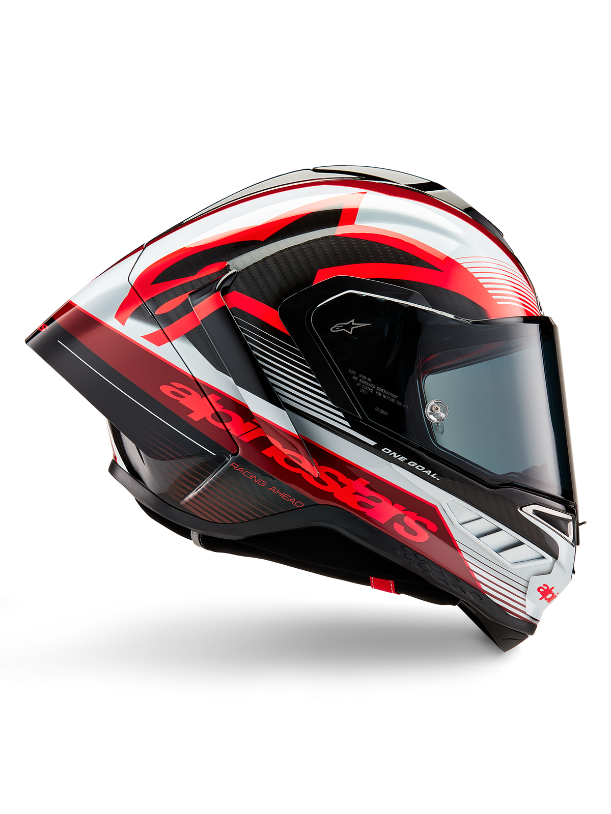 Alpinestars Supertech R10 Team Helmet, Motorcycle Racing Helmet, Black Carbon with Red and White Glossy Graphics, aerodynamic profile view featuring a dark visor, carbon fiber details, and bold red branding, high-performance racing gear