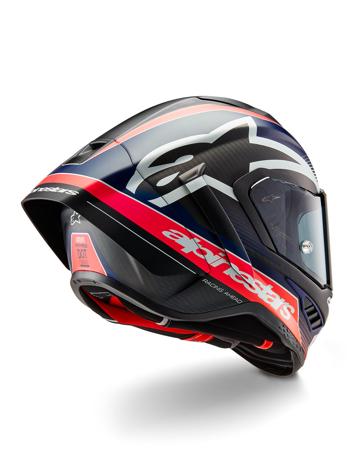 Alpinestars Supertech R10 Team Helmet, Professional Motorcycle Racing Helmet, Black Carbon with Fluorescent Red and Matte Blue accents, aerodynamic rear view showing integrated spoiler, bold Alpinestars branding, and visible carbon fiber shell texture.