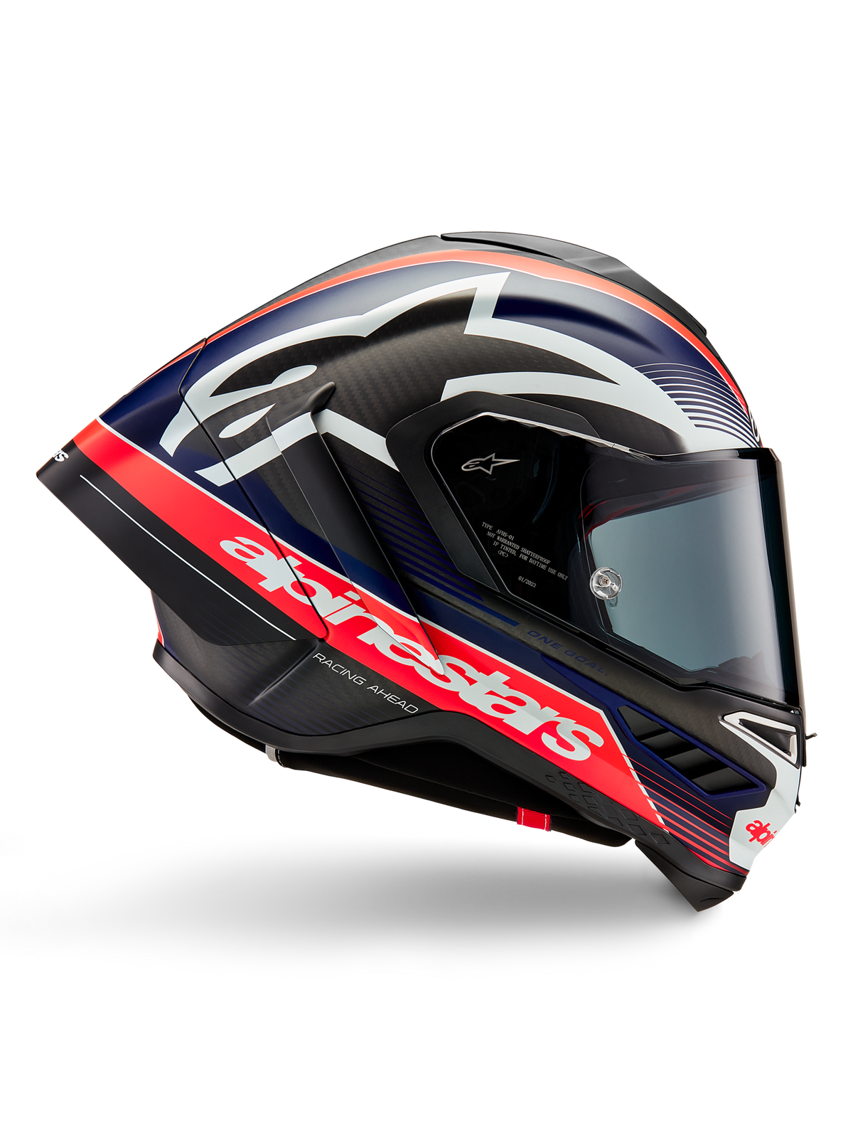 Alpinestars Supertech R10 Team Helmet, Motorcycle Racing Helmet, Black Carbon with Red Fluo and Blue Matte accents, featuring large white Alpinestars branding, aerodynamic design with integrated spoilers, clear visor, visible carbon fiber texture, sleek racing profile