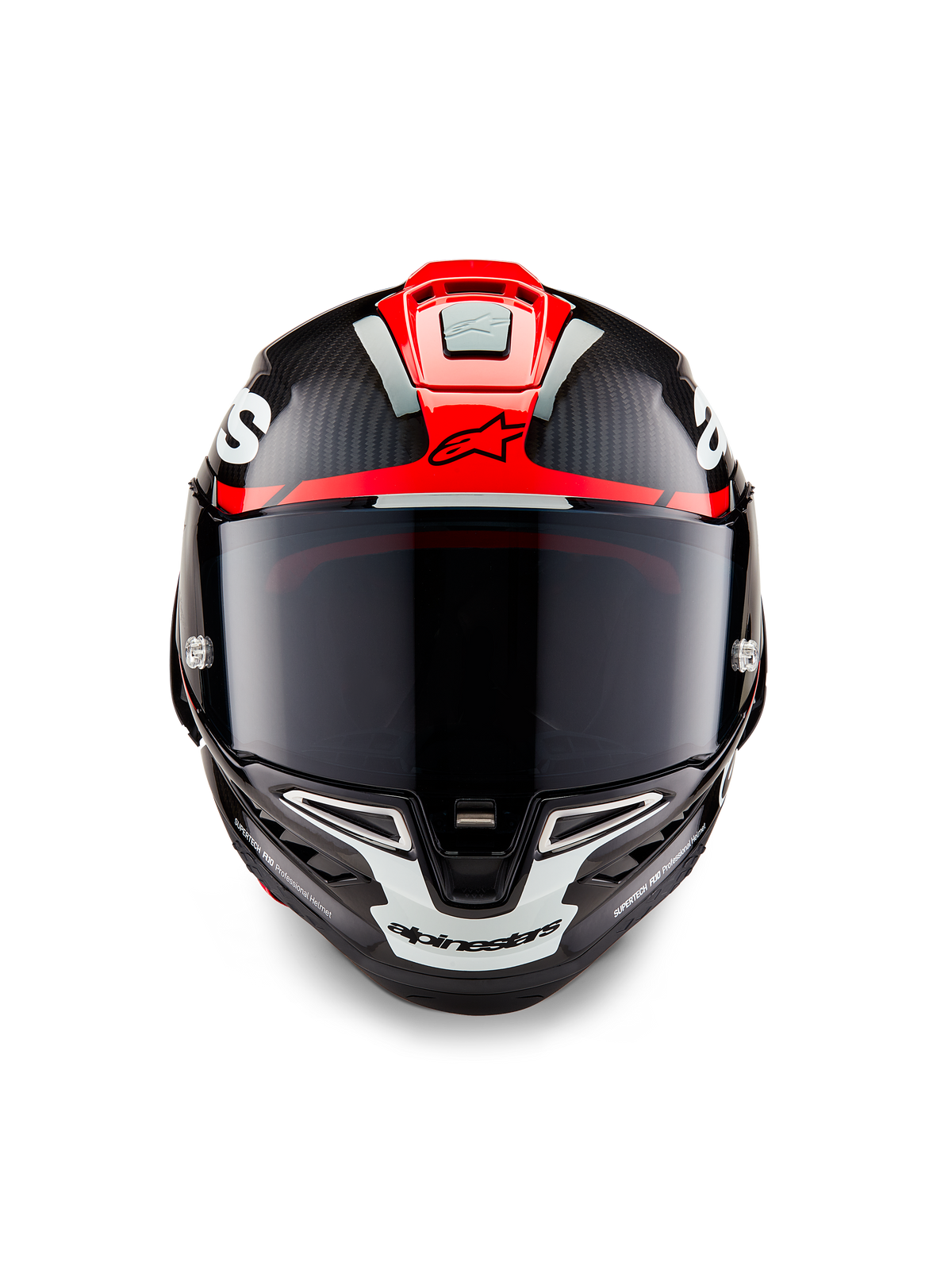 Alpinestars Supertech R10 Element Helmet, Black Carbon with Bright Red and White Glossy graphics, Frontal view featuring a dark smoke visor, visible carbon fiber texture, and integrated ventilation, professional race-grade motorcycle helmet