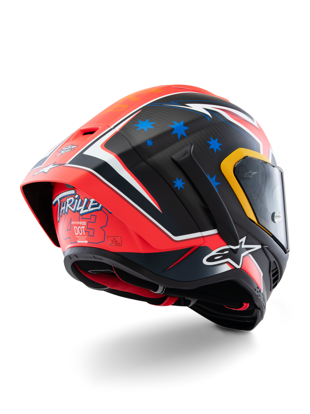 Alpinestars Supertech R10 Miller Limited Edition Helmet, full-face racing helmet, Carbon Red Matt with blue stars and white accents, 'Thriller 43' graphic on the rear, large aerodynamic spoiler, carbon fiber construction