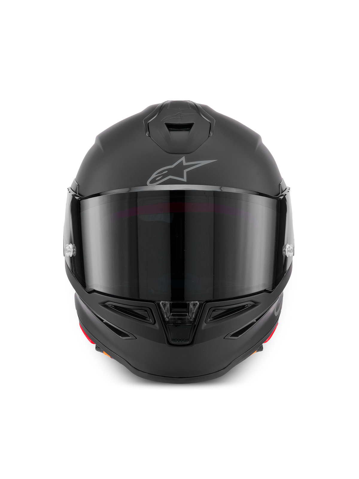 Alpinestars S-R7 Solid Helmet, full-face motorcycle helmet in Black Matte, front view featuring an aerodynamic shell, dark visor, integrated chin and top vents, and the signature Astar logo on the forehead.