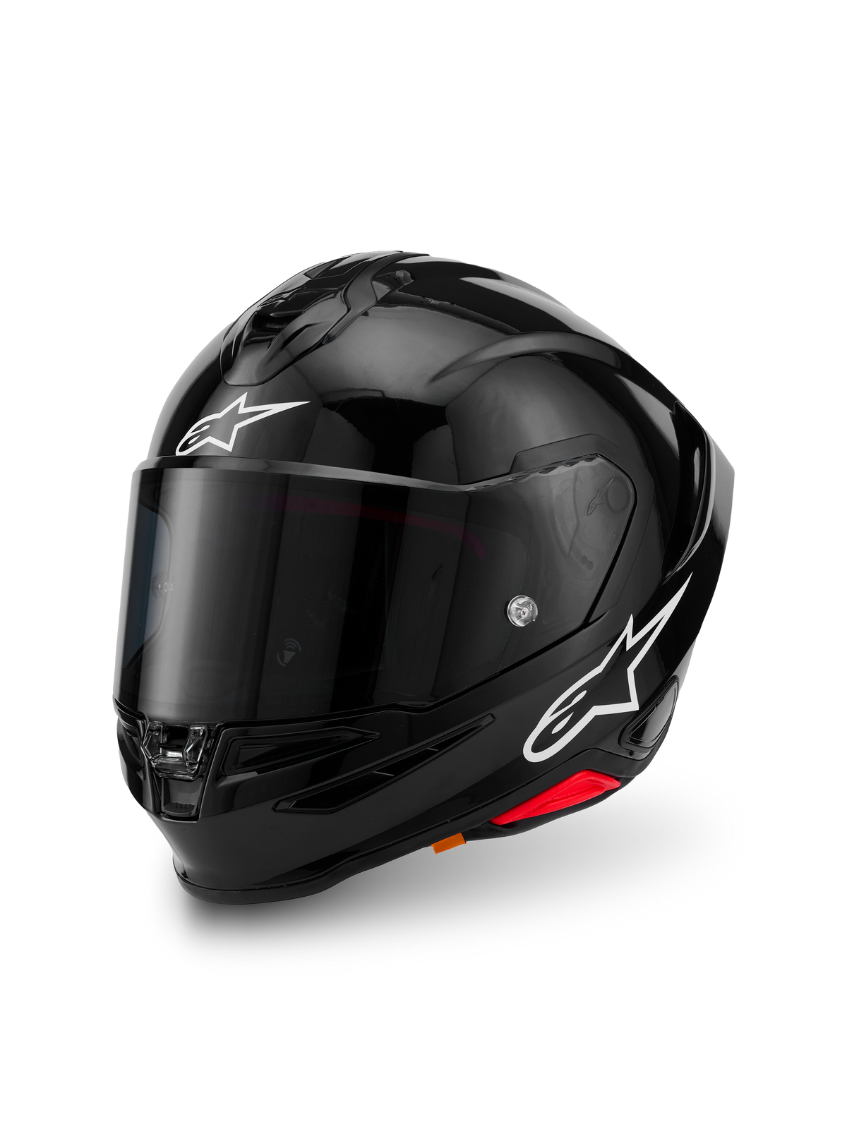 Alpinestars S-R7 Solid Helmet, Black Glossy, full-face motorcycle helmet with carbon composite shell, white A-star logos on the forehead and side, clear visor, and aerodynamic spoiler design