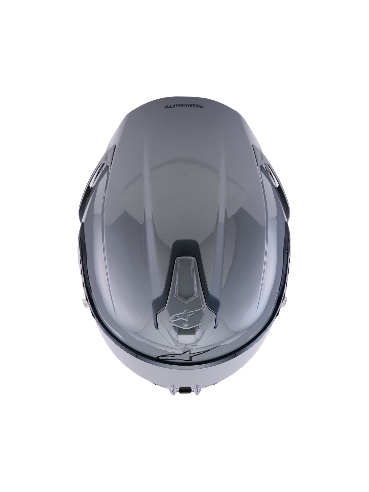 Alpinestars S-R7 Solid Helm, Grau Glänzend, Draufsicht, Hervorhebung des aerodynamischen Schalendesigns und der integrierten, verschiebbaren Belüftungsöffnungen oben.