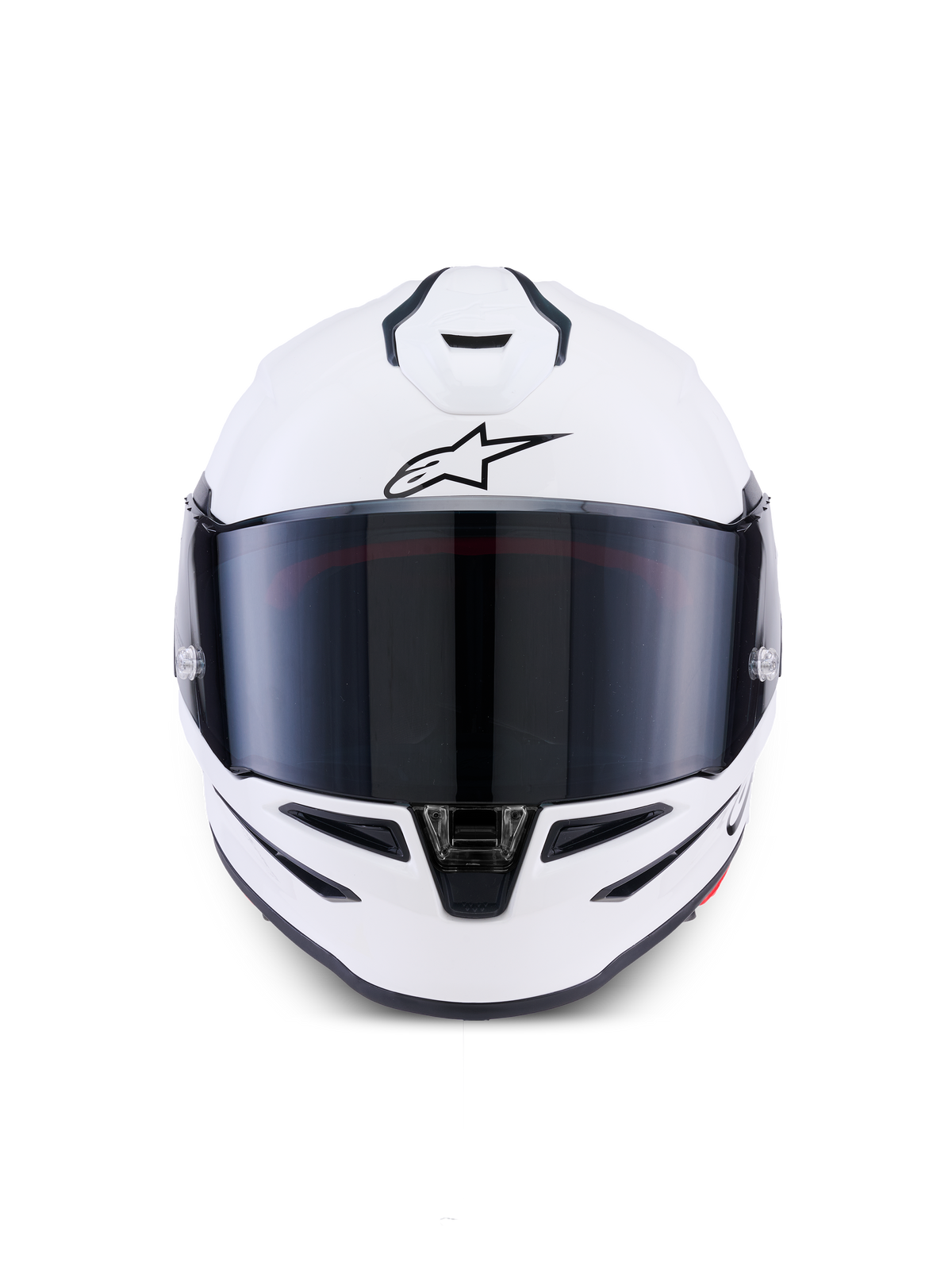 Alpinestars S-R7 Solid Helm, Integral-Motorradhelm, Weiß glänzend, Frontansicht mit dunkel getöntem Visier, aerodynamische Schale mit integrierten Belüftungsöffnungen, professionelle Renn- und Sportausrüstung