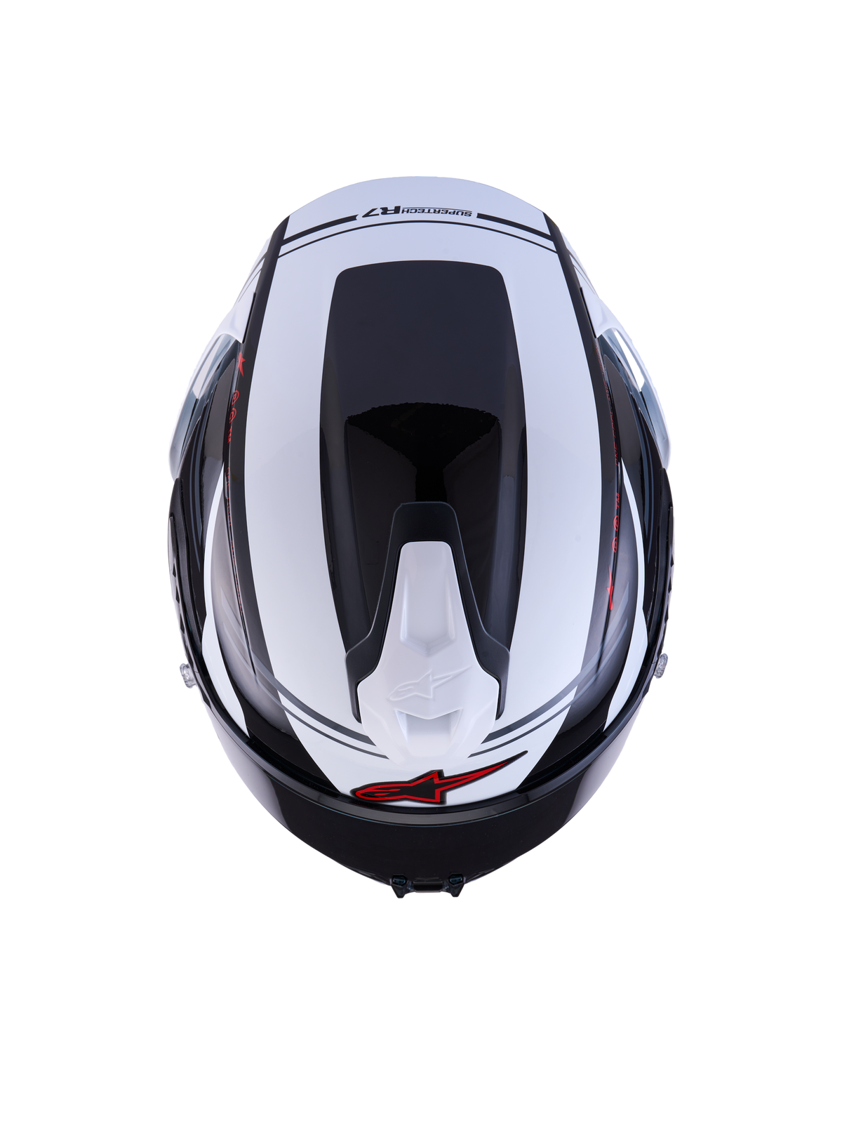 Alpinestars S-R7 A-Core Helm ECE 22.06, Renn- und Sport-Motorradhelm, Ansicht von oben in Schwarz, Weiß und Rot mit Hochglanz-Finish und Kohlefaserverbundkonstruktion