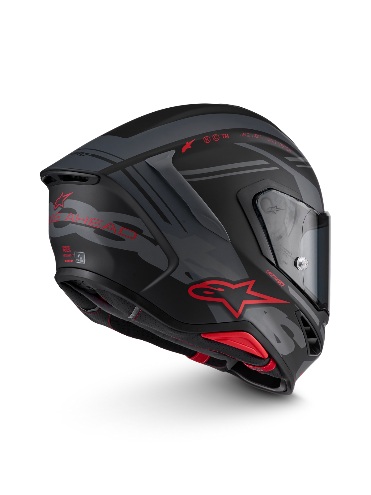 Alpinestars S-R7 A-Core Helm ECE 22.06, Integral-Motorradhelm in Mattschwarz, Grau und Rot, Seitenansicht mit Aerodynamik, Carbon-Verbundkonstruktion und klarem Visier