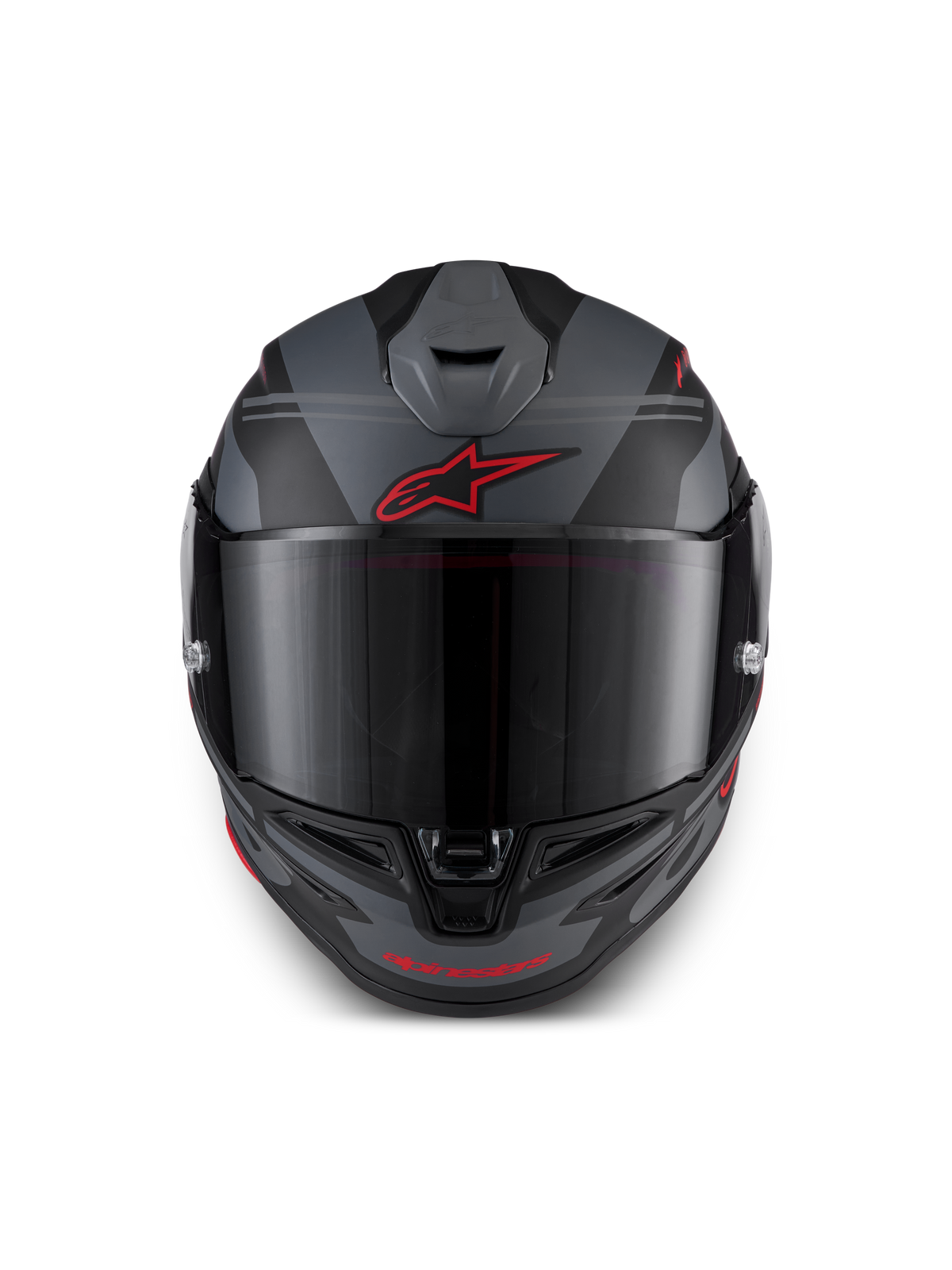 Alpinestars S-R7 A-Core Helm ECE 22.06, Integral-Motorradrennhelm, Schwarz, Grau und Rot, Frontansicht mit aerodynamischer Belüftung und klarem Visier