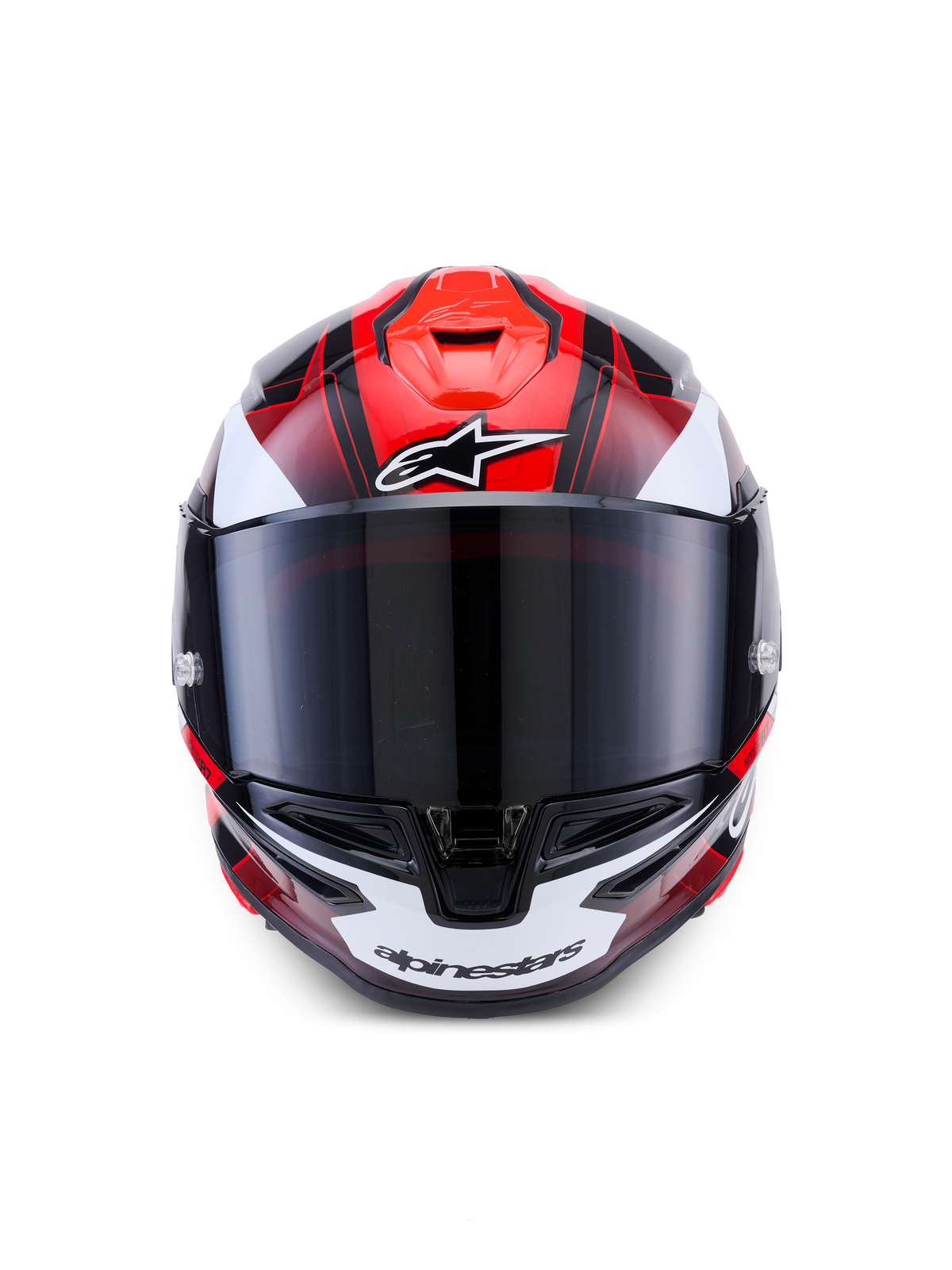 Alpinestars S-R7 Kinetis Helm, Integralhelm für den Straßenrennsport, Schwarz, Rot und Weiß, glänzende Oberfläche, Vorderansicht mit Visier und Belüftungsdetails