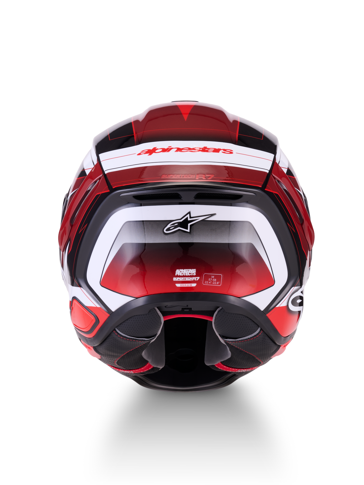 Alpinestars S-R7 Kinetis Helm, Integralhelm für den Motorradrennsport, Rückansicht mit schwarz, rot und weiß glänzendem Grafiklayout, Markenlogos und ECE-Zertifizierungsdetails