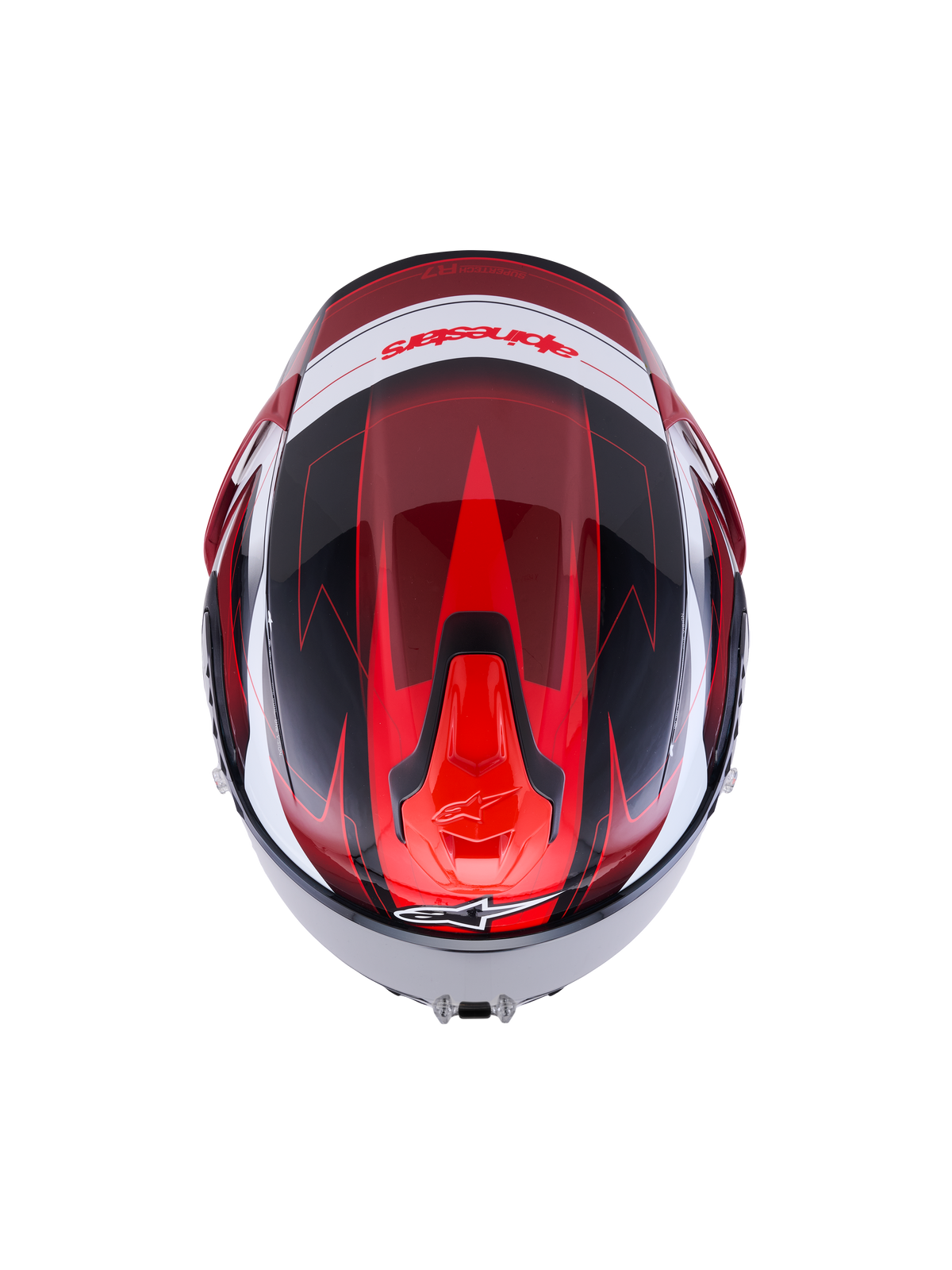 Alpinestars S-R7 Kinetis Helm, Integralhelm, Schwarz, Rot und Weiß, Ansicht von oben mit aerodynamischem Design und Kohlefaserverbundkonstruktion