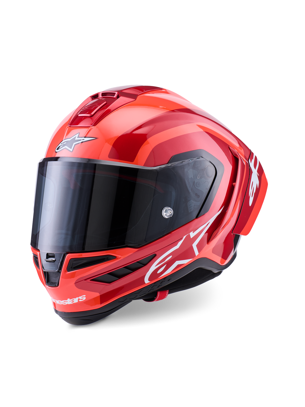 Alpinestars Supertech R10 Arius Helm, Integral-Rennhelm, Rot und Orange glänzend, mit weißen Alpinestars-Logos, dunkel getöntem Visier, aerodynamisches Carbon-Verbunddesign mit Multi-Vent-Kühlsystem
