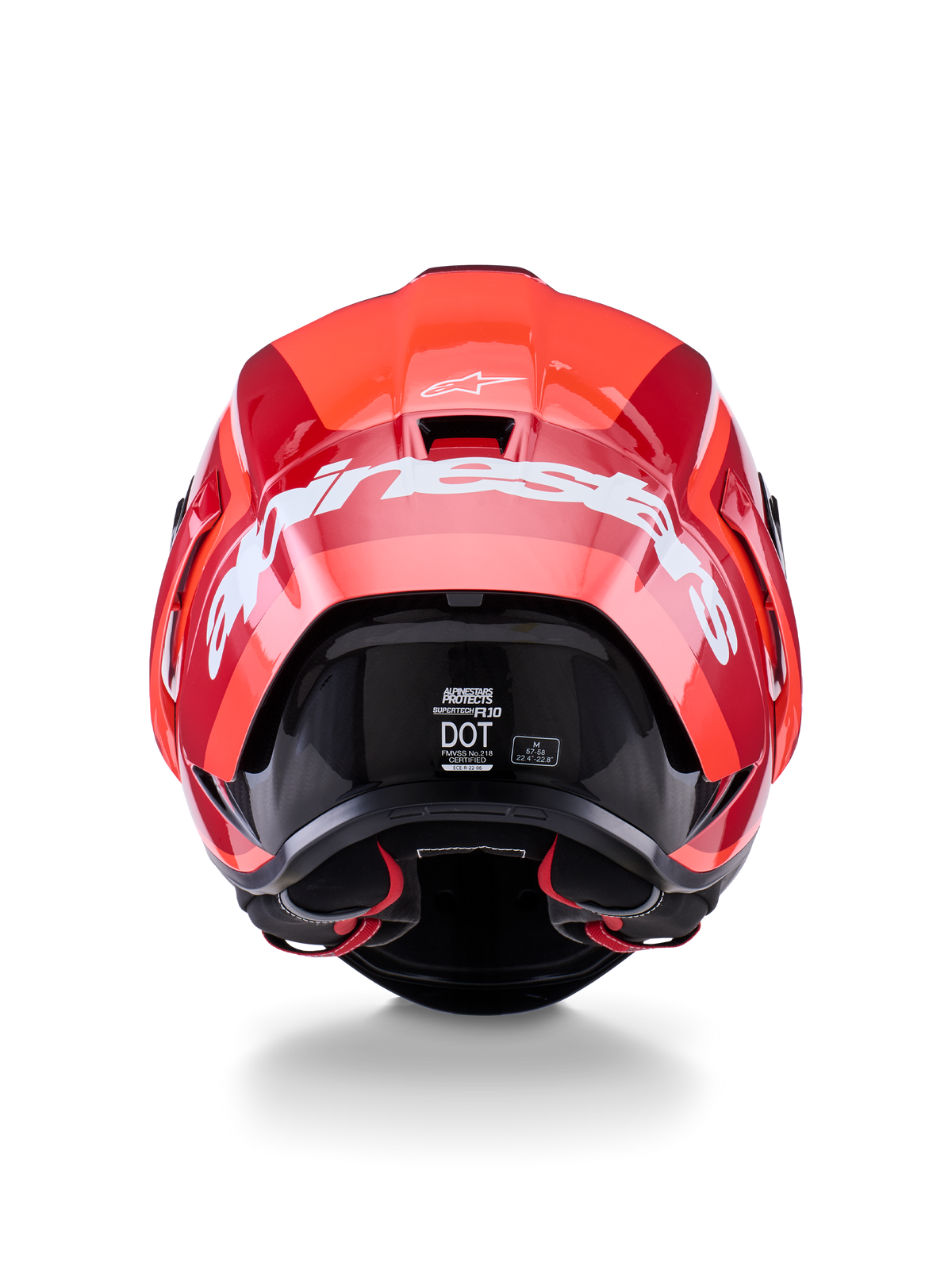 Alpinestars Supertech R10 Arius Helm, Rückansicht, Design in glänzendem Rot und Dunkelrot, großer weißer Alpinestars-Schriftzug auf der Rückseite, DOT- und ECE-Zertifizierungsetiketten sichtbar, aerodynamischer Hochleistungs-Rennhelm