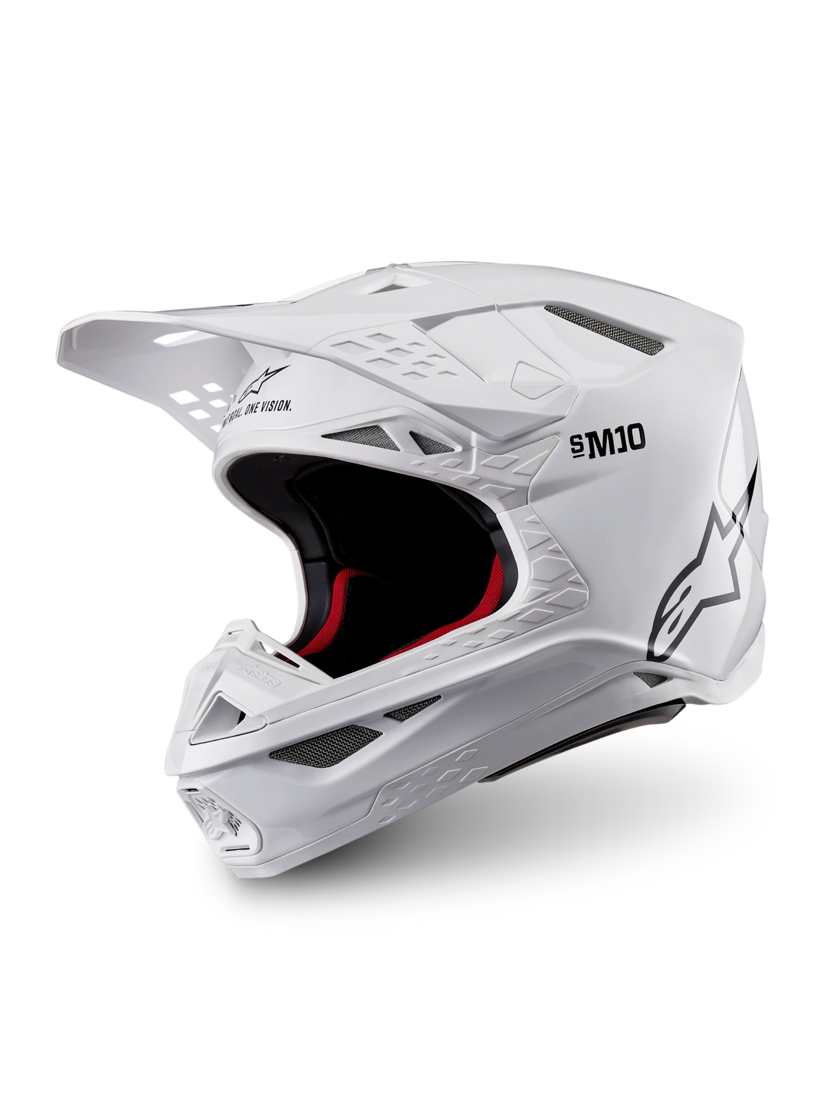 Alpinestars Supertech M10 Solid Helmet ECE 22.06, glossy white motocross helmet with black and red interior padding, peak visor and multiple ventilation ports, three-quarter product view