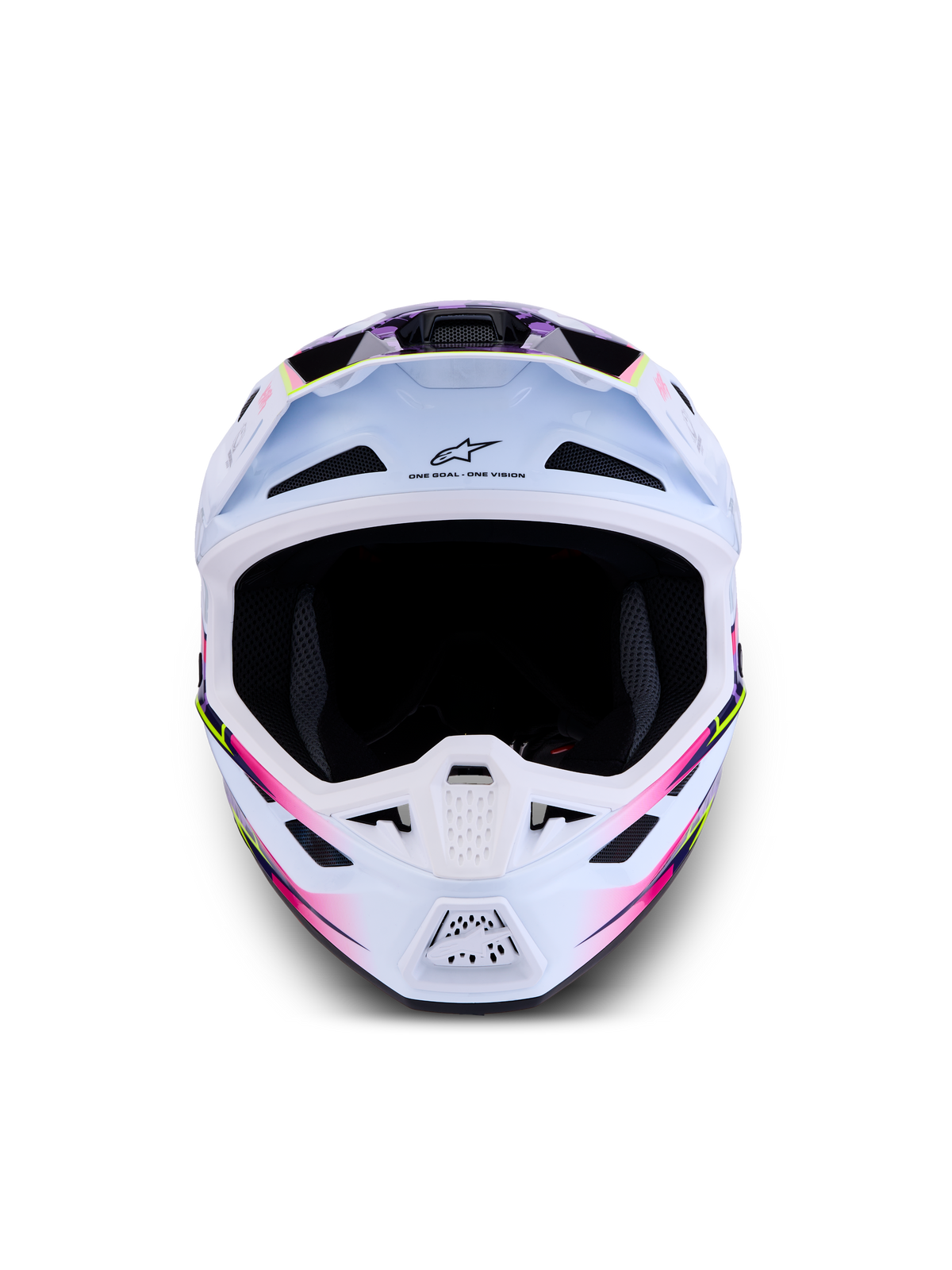 Alpinestars S-M7 Blaster Helm ECE06, weißer Motocross-Helm mit lila und pinken glänzenden Grafiken für Offroad-Rennen.