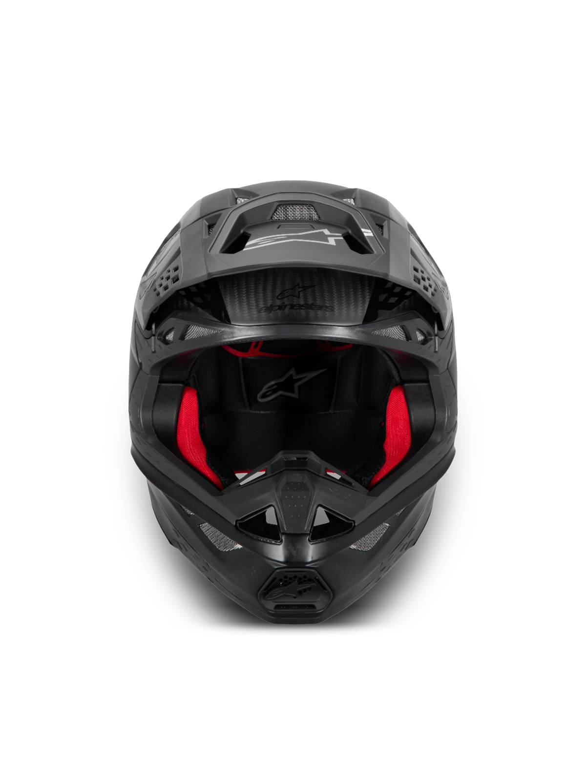 Alpinestars Supertech M10 Fame Helm, Motocross-Helm, Schwarz-Carbon und Rot, ECE 22.06-zertifiziert, hochwertige Carbonkonstruktion.