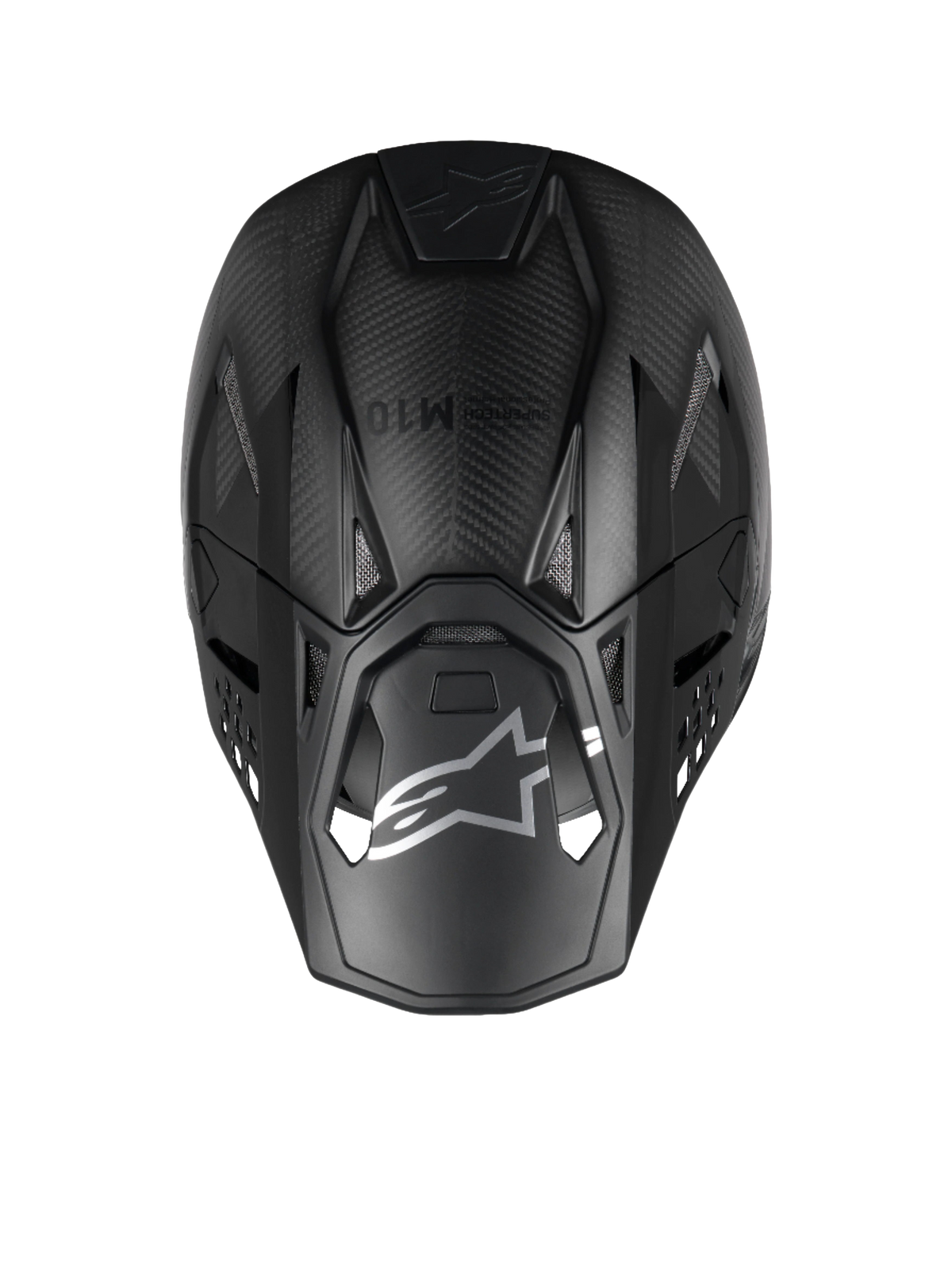 Alpinestars Supertech M10 Fame Motocross Helmet, top view in Black Carbon Matte and Glossy 3K carbon fiber construction.