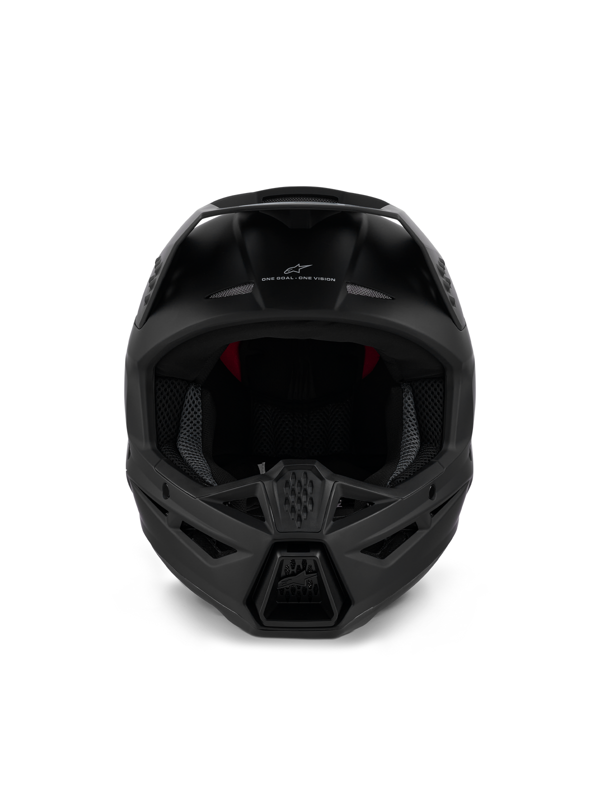 Alpinestars S-M3 Solid Helmet ECE 22.06, Motocross Helmet, Matte Black, front view showing aggressive chin guard ventilation and 'ONE GOAL - ONE VISION' branding, sleek design for off-road racing