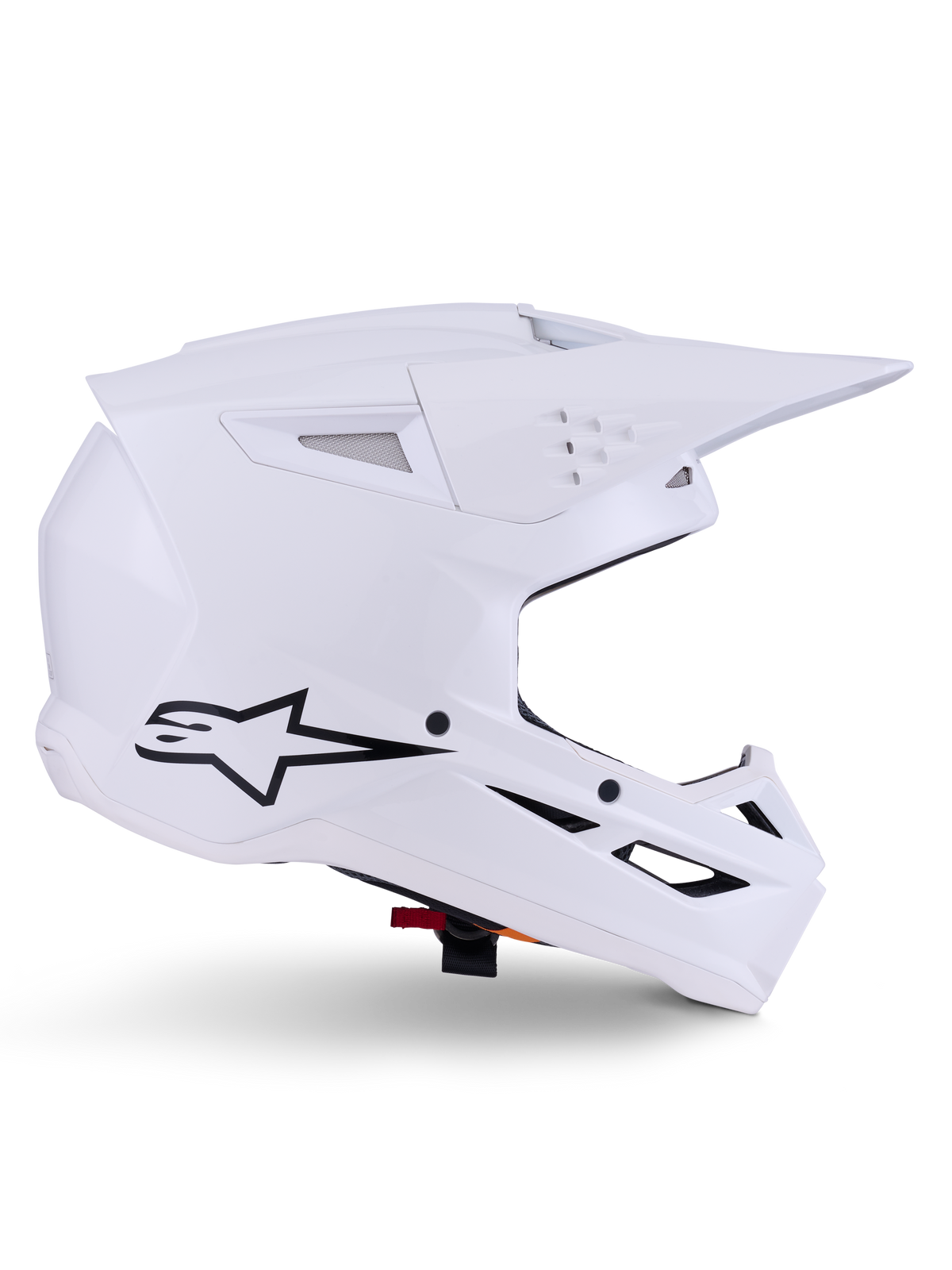 Alpinestars S-M3 Solid Helm, Motocross-Helm, Glänzend Weiß, Seitenansicht mit schwarzem Stern-Logo, kantige aerodynamische Schale, mehrere Belüftungsöffnungen, integriertes Visier und Kinnschutz, Offroad-Rennschutz