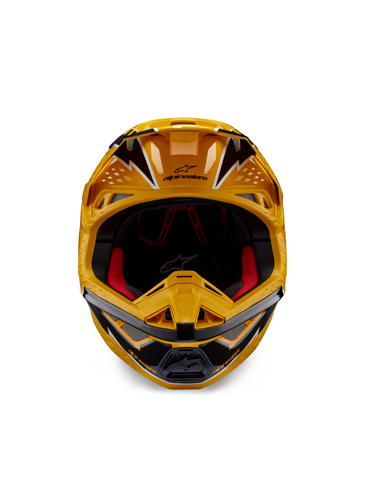 Alpinestars Supertech M10 Ampress Helm, Motocross-Helm, Gelb und Schwarz glänzend, Frontansicht mit markanten eckigen Grafiken, Alpinestars-Logo auf dem Schirm, rote Innenpolsterung, aerodynamische Schale für professionellen Motocross-Rennsport