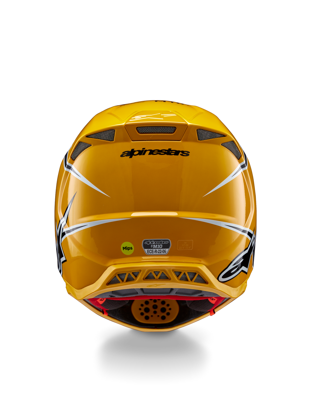 Alpinestars Supertech M10 Ampress Helm, Rückansicht, Glänzendes Gelb mit schwarzen und weißen Akzenten, hintere Belüftungsöffnungen, MIPS- und ECE 22.06-Aufkleber, professioneller Motocross-Kopfschutz