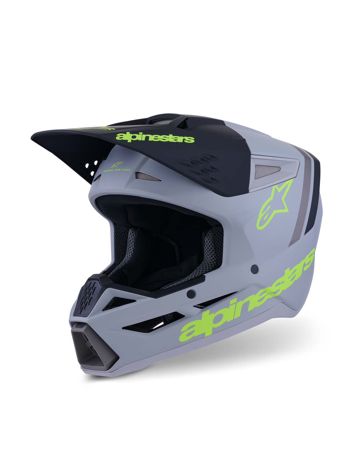 Alpinestars S-M3 Radium Helm, Motocross- und Enduro-Helm, Grau, Schwarz und Neongelb Fluo Matt, Dreiviertelansicht mit aggressivem Schalendesign, Belüftungsöffnungen und markanten gelben Logos
