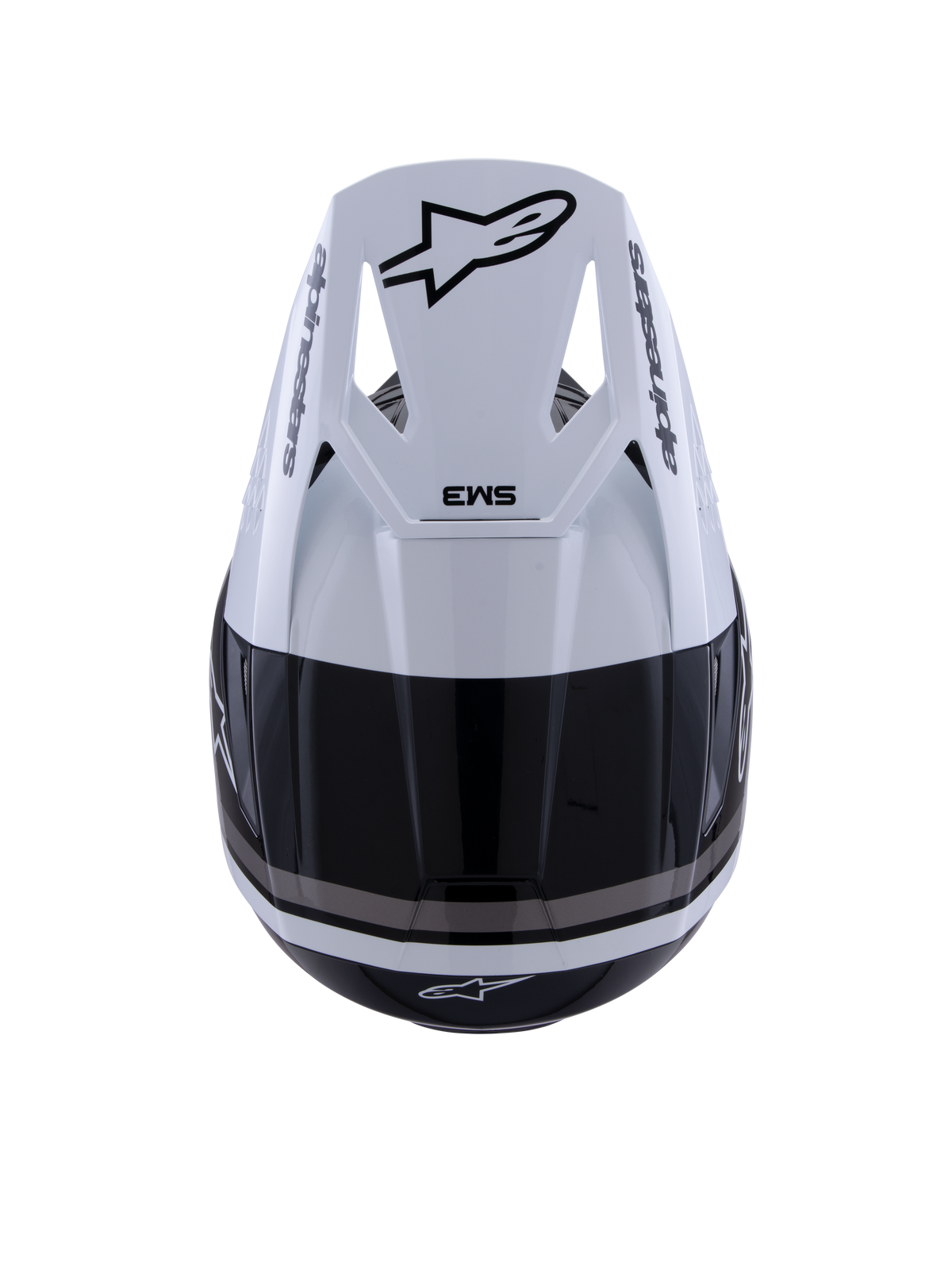 Alpinestars S-M3 Radium Helm, Motocross-Helm, Schwarz, Weiß und Grau glänzend, Draufsicht mit weißem Visier, schwarzem Astar-Logo und SM3-Branding, elegantes glänzendes Finish mit Belüftungsöffnungen, Hochleistungs-Offroad-Kopfschutz