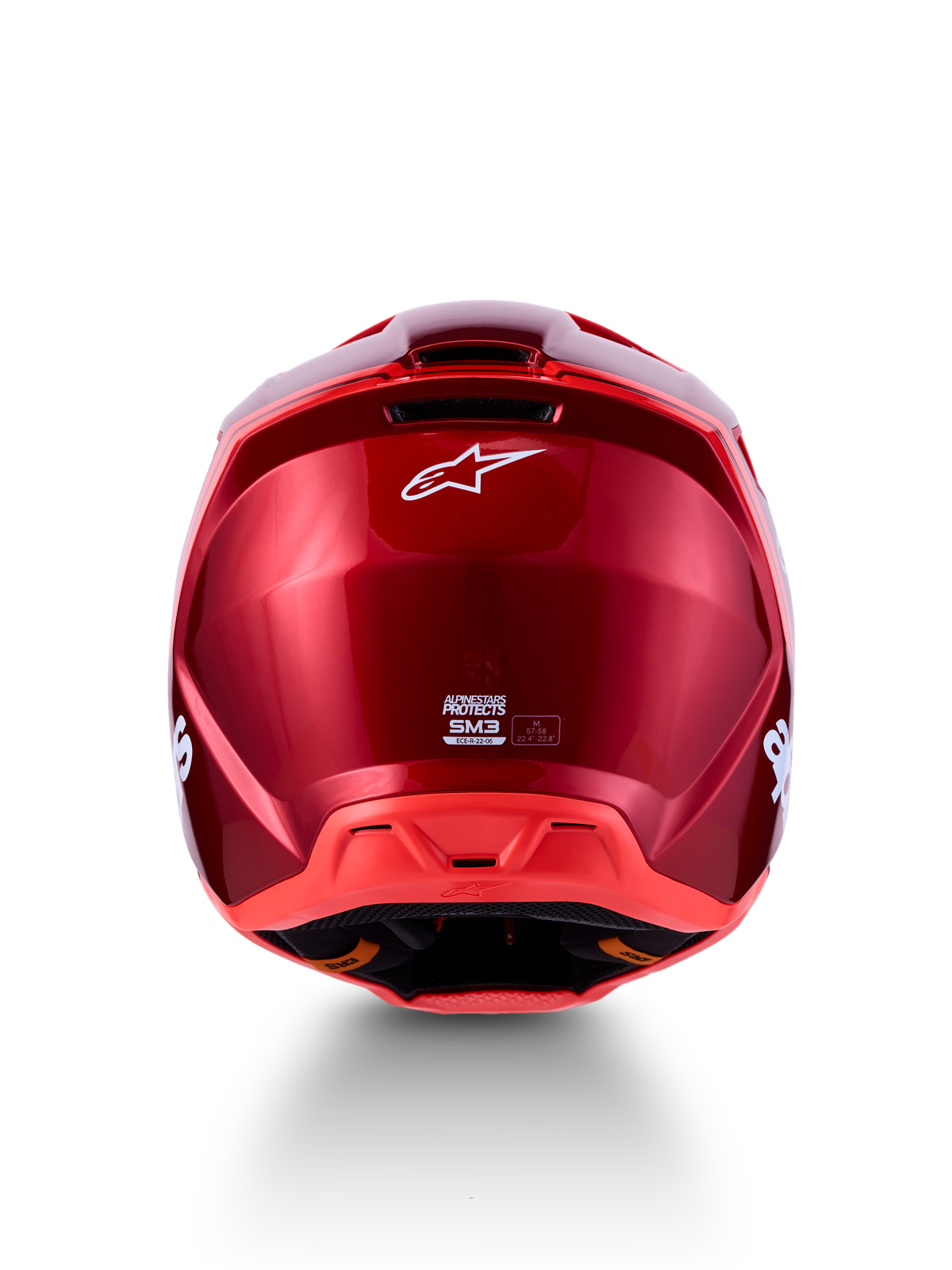 Alpinestars SM3 Radium Helmet ECE06, rear view in glossy red and fluo red, motocross gear with ECE 22.06 certification.