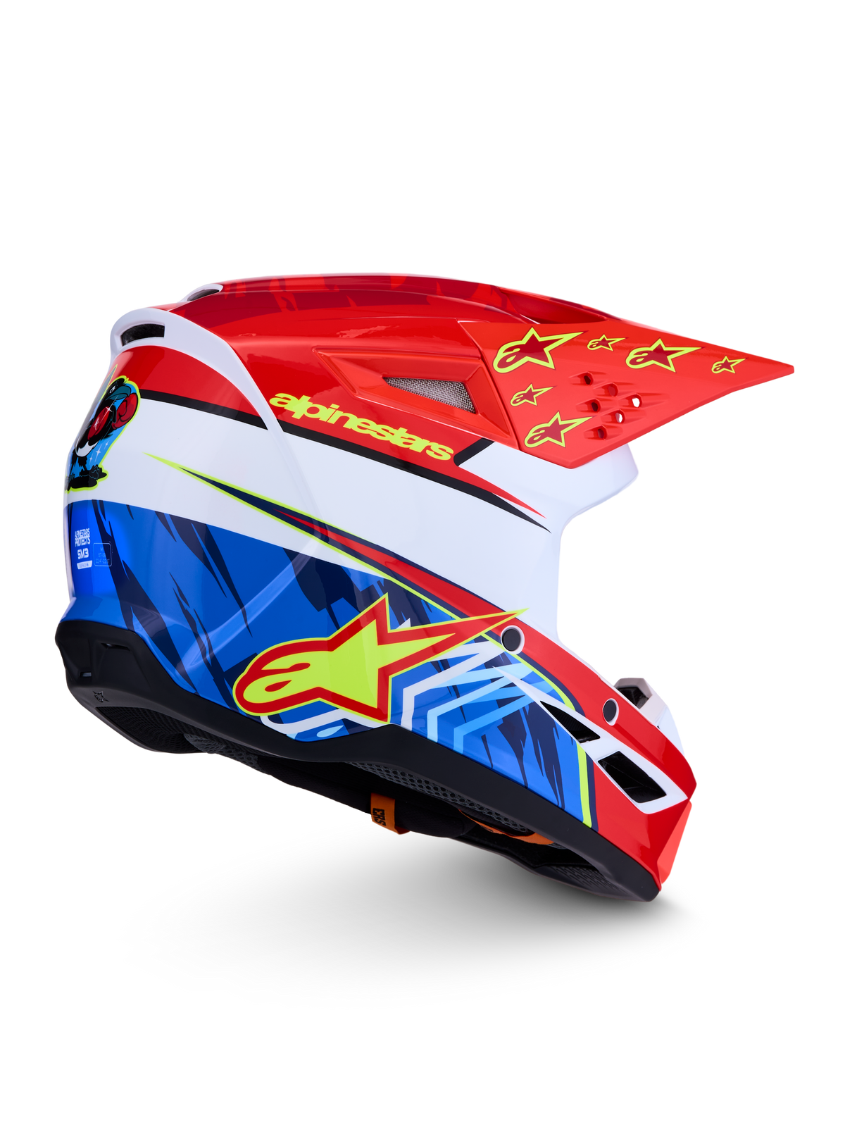 Alpinestars SM3 Falcon Helm ECE06, Motocross-Helm in Rot und Blau mit gelben Sternen, ECE 2206-zertifiziert für Offroad.