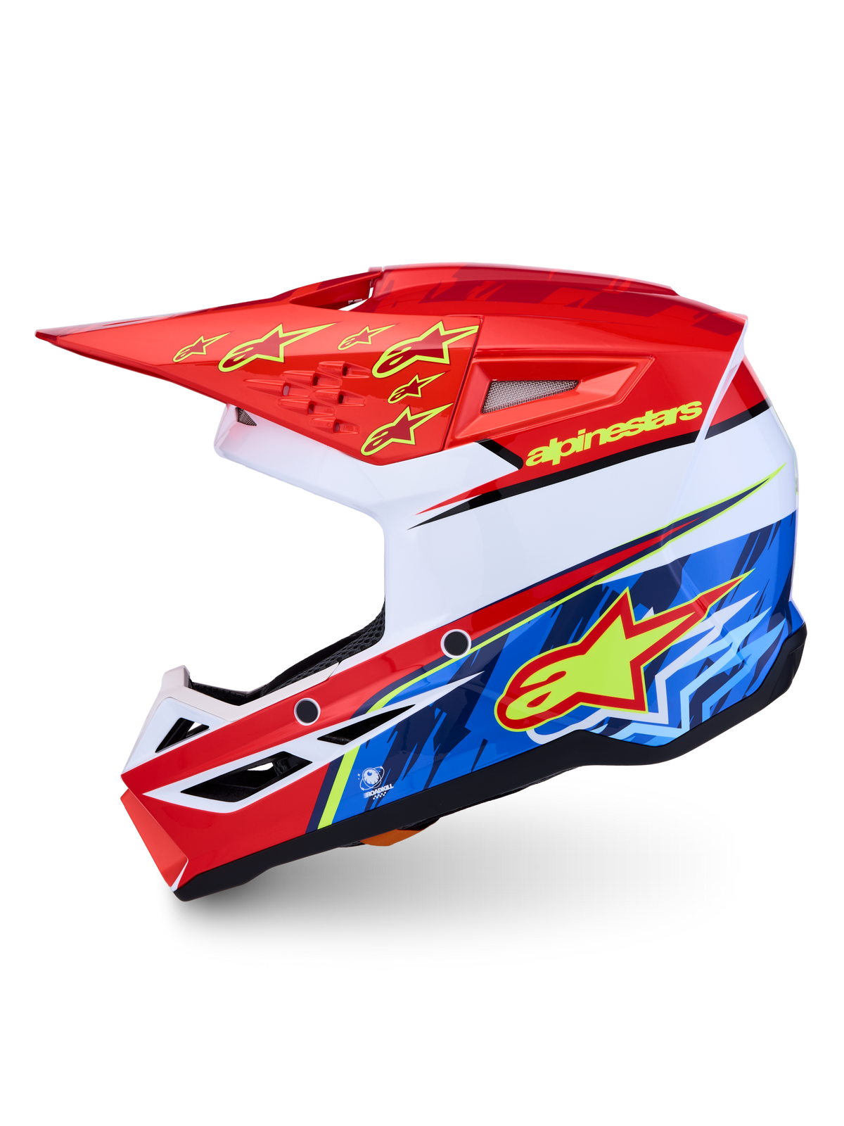 Alpinestars SM3 Falcon Helm ECE06, Motocross-Helm für MX und Enduro, Rot, Blau und Weiß, ECE 22.06-zertifiziert, mit patentiertem Visierfreigabesystem und thermoinjizierter Schale.