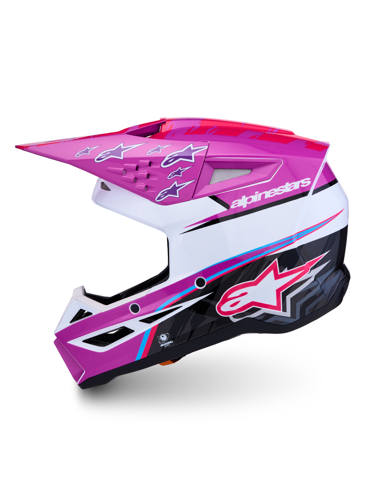 Alpinestars SM3 Falcon Helmet ECE06, purple and white glossy motocross helmet with advanced protection and ventilation.