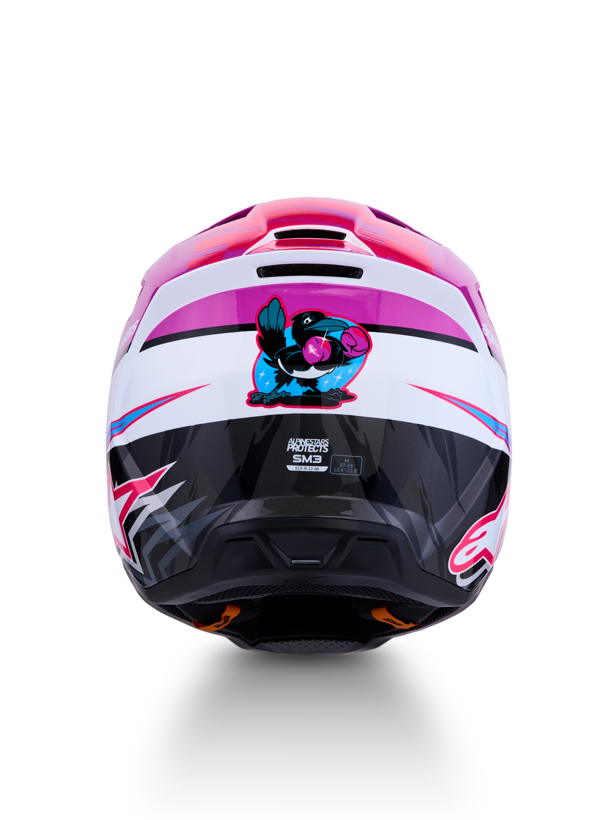 Alpinestars SM3 Falcon Helmet ECE06, purple and white motocross helmet with a boxing crow graphic on the rear.
