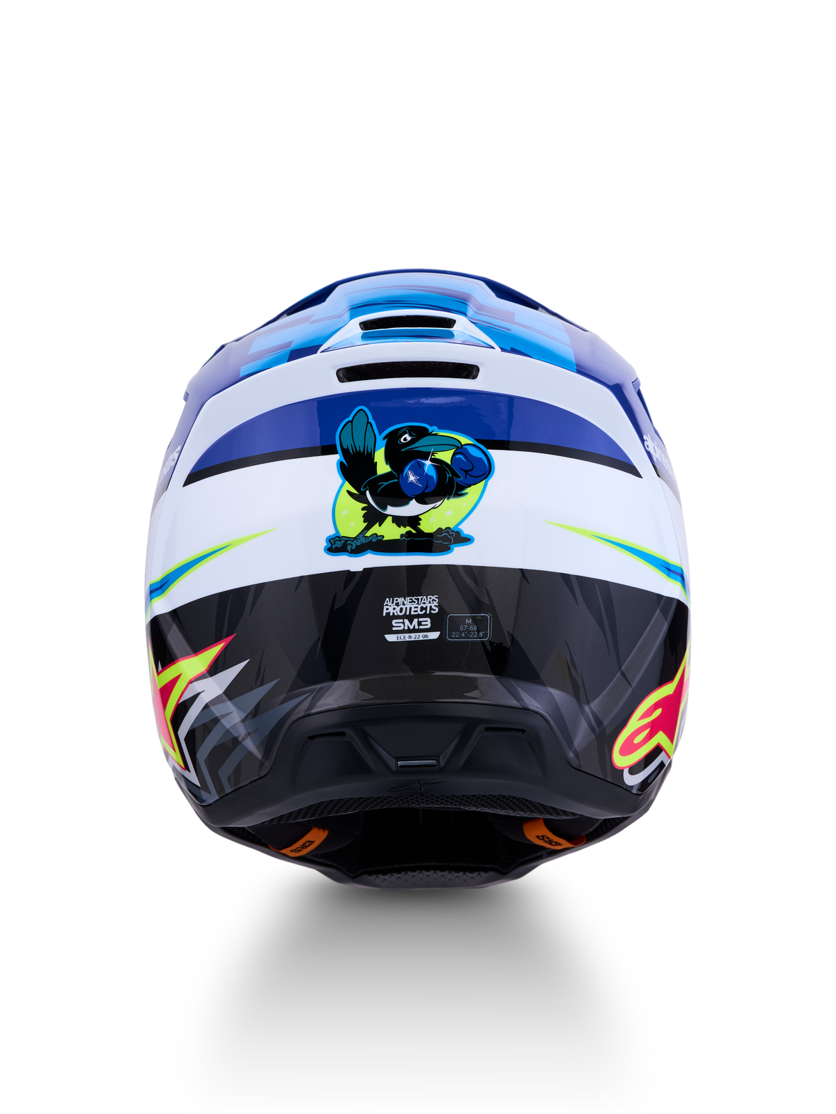Alpinestars SM3 Falcon Helm ECE06, Motocross-Helm in Blau und Weiß, Rückansicht mit boxender Vogel-Grafik, ECE 22.06 zertifiziert, ideal für Offroad-Einsätze.
