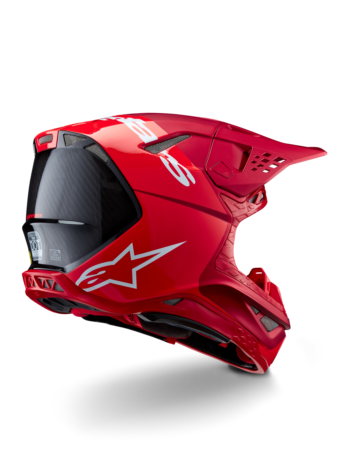 Alpinestars Supertech M10 Flood Helm, Motocross-Helm, Rot und Fluo-Rot, mattes und glänzendes Finish, Rückansicht im Profil mit weißem Alpinestars-Logo und Karbonfaser-Akzenten, aerodynamisches Design mit mehreren Belüftungsöffnungen, leistungsstarker Offroad-Kopfschutz