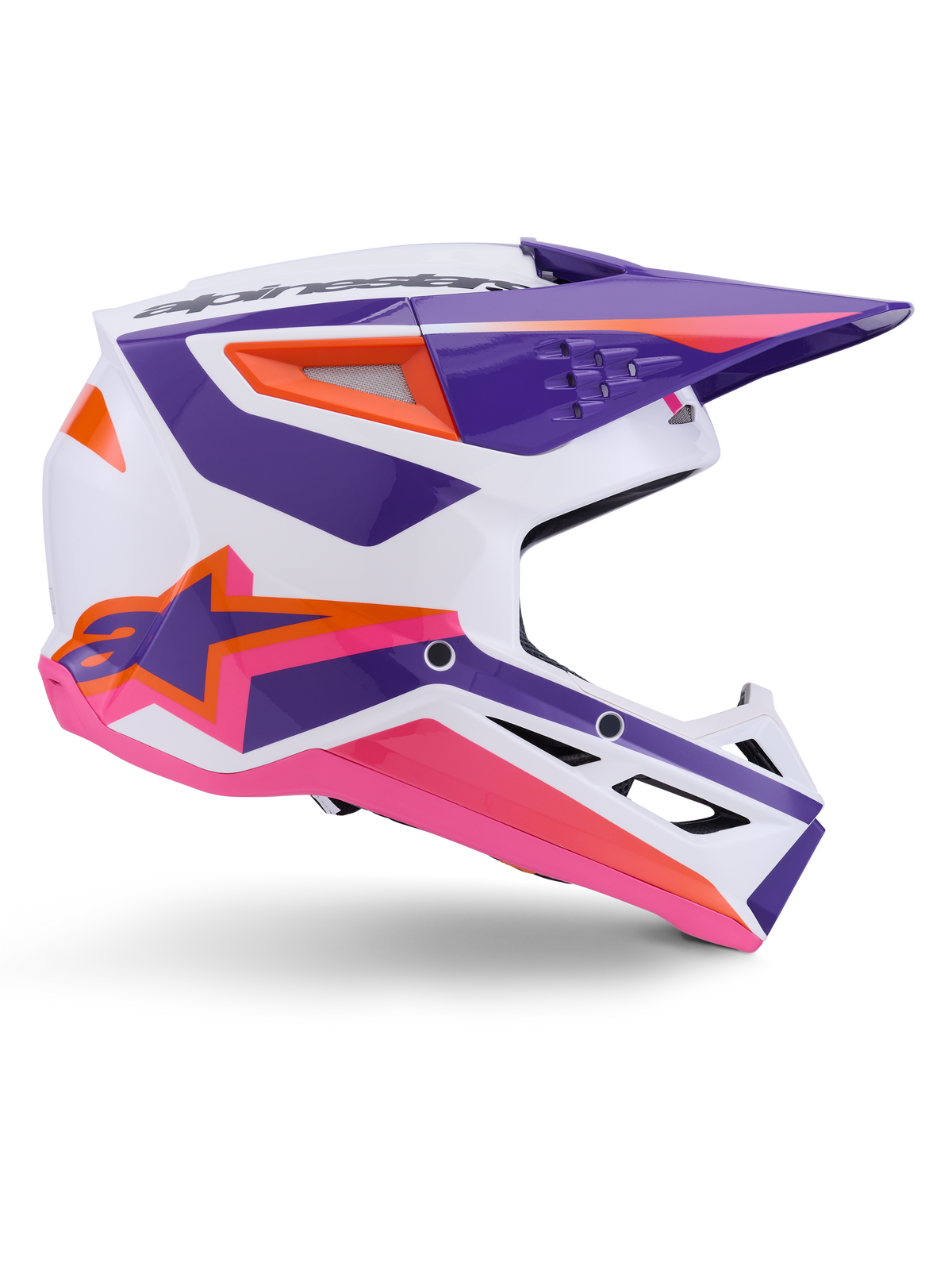 Alpinestars S-M3 Heat Helmet ECE 22.06, Motocross Helmet, White Purple Pink Glossy, featuring vibrant purple and pink graphics with orange accents, side view showing the Astar logo and ventilated design for off-road racing
