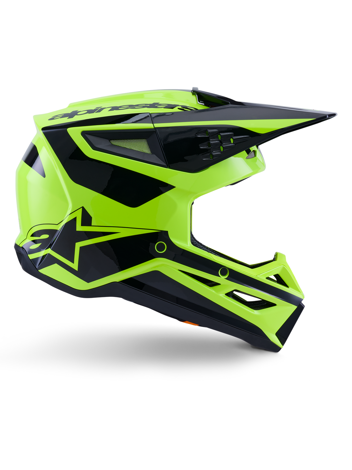 Alpinestars S-M3 Heat Helmet, Motocross Off-Road Helmet, Yellow Fluo and Black Glossy, ECE 22.06 certified, side profile featuring an angular design with a pointed visor, multiple ventilation ports, and bold black geometric graphics including the A-star logo.