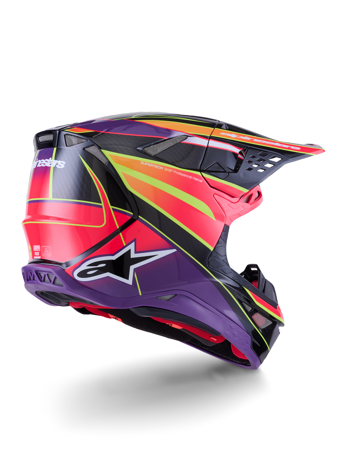 Alpinestars Supertech M10 Era Helm, Motocross-Helm, Pink, Violett und Gelb Fluo glänzend, Rückansicht in Dreiviertel-Perspektive zeigt die aerodynamische Karbonfaserschale, integrierte Belüftungsöffnungen und markantes grafisches Branding, Hochleistungs-Offroad-Rennausrüstung