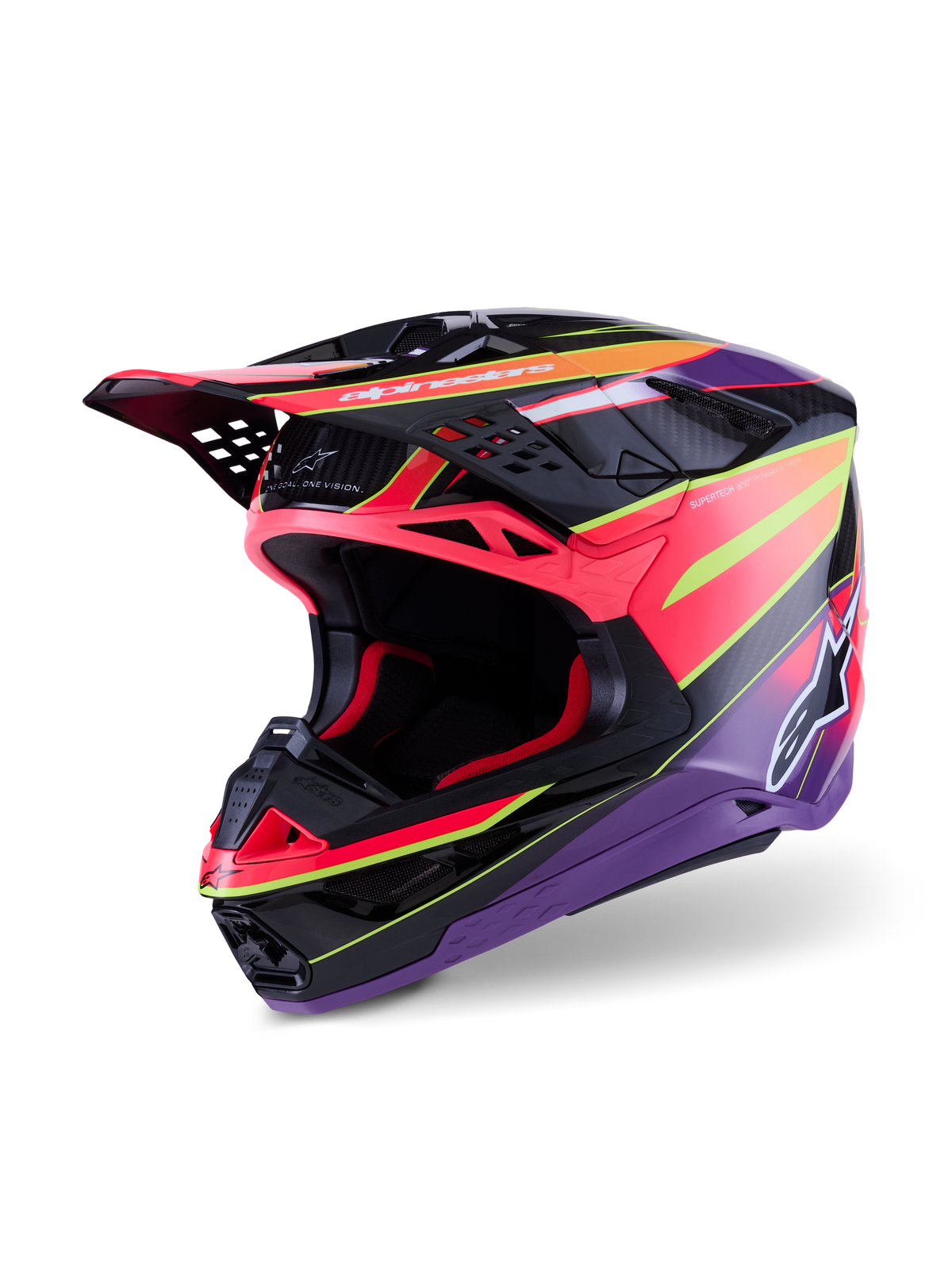 Alpinestars Supertech M10 Era Helm, Motocross-Helm, Pink, Violett und Gelb Fluo Glänzend, mit Multi-Composite-Carbon-Schale, aerodynamischem Design mit 28 Belüftungsöffnungen, glänzendes Finish mit lebhaften Grafiken und Alpinestars-Branding, professionelle Offroad-Rennausrüstung