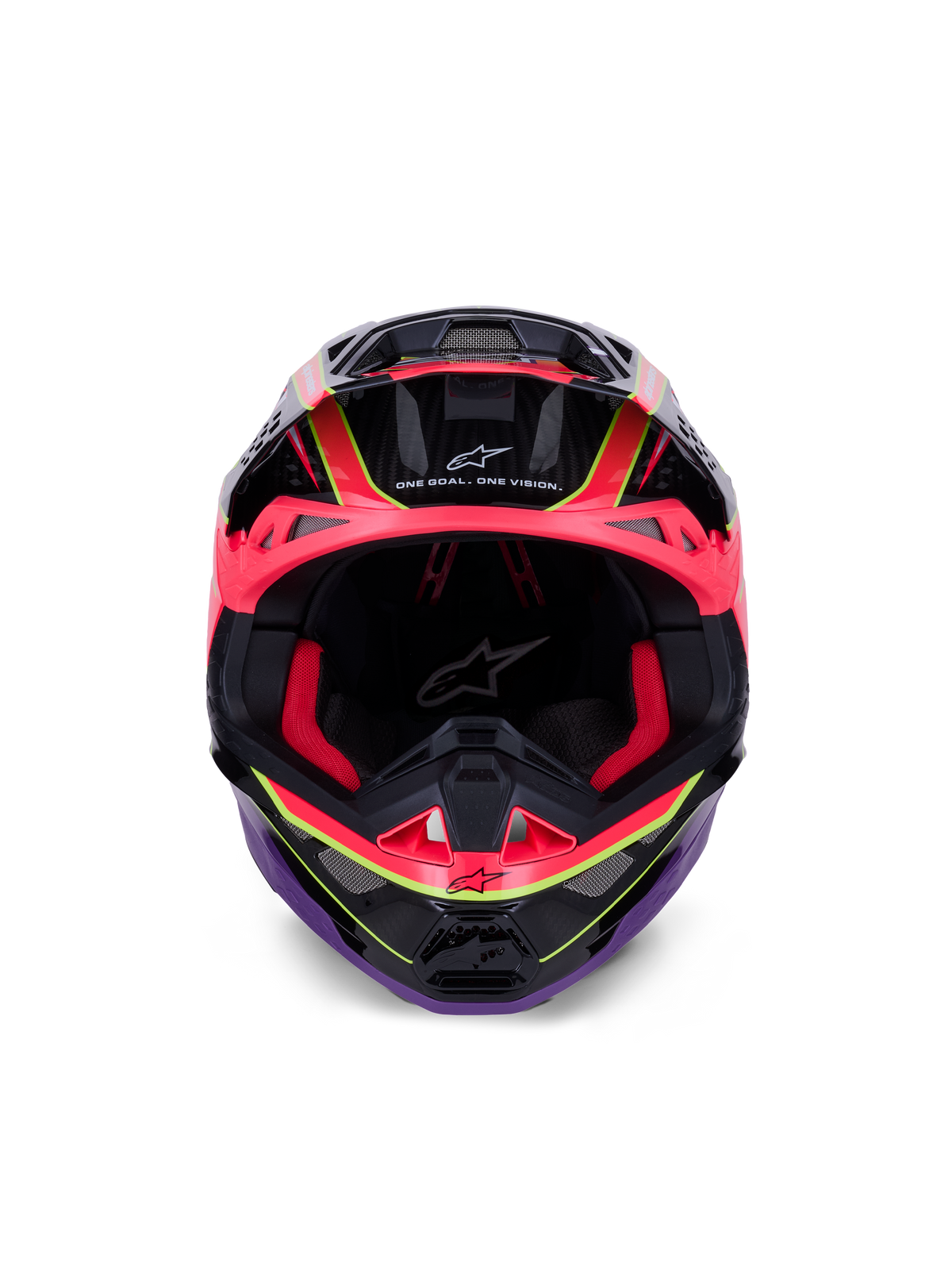 Alpinestars Supertech M10 Era Helm, Motocross-Helm, Pink, Violett und Fluo-Gelb Glänzend, Frontansicht mit roter Innenpolsterung und Carbonfaser-Details, mit „One Goal. One Vision.“ Schriftzug, professioneller Offroad-Rennschutz